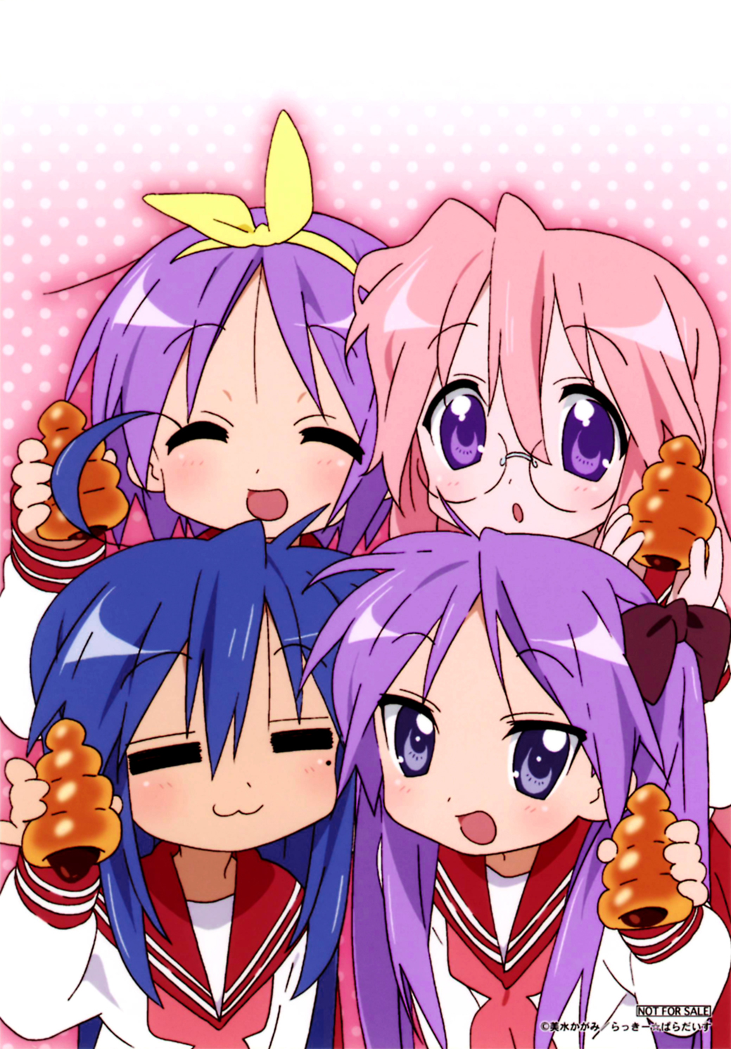 hiiragi kagami, hiiragi tsukasa, izumi konata, takara miyuki, lucky star, highres, non-web source, 00s, 4girls, :3, = =, ahoge, blue hair, chocolate cornet, closed eyes, food, glasses, hair ribbon, long hair, mole, mole under eye, multiple girls, pink hair, purple eyes, purple hair, ribbon, school uniform, serafuku, short hair, siblings, sisters, twins, twintails, upper body