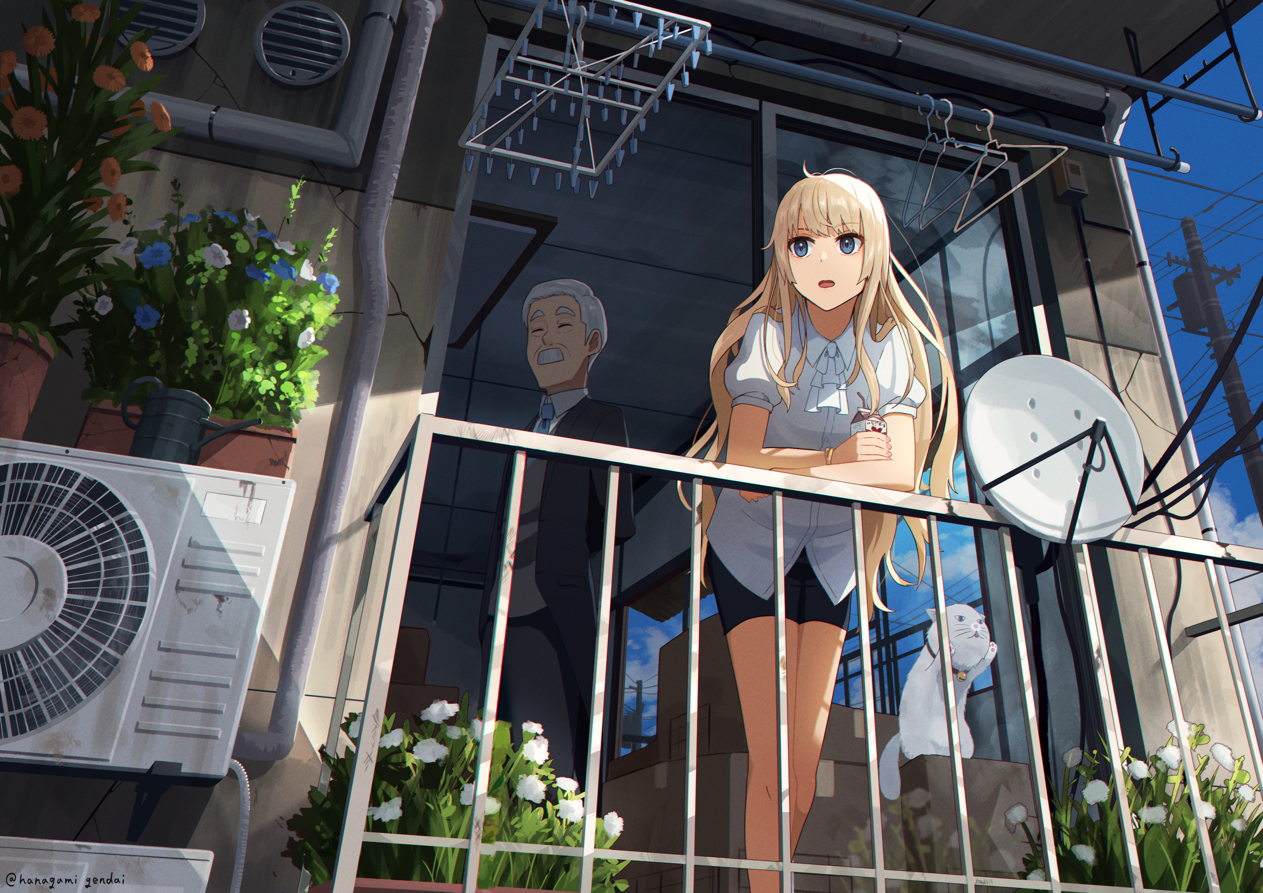 hanagami gendai, original, absurdres, highres, revision, 1boy, 1girl, against railing, air conditioner, artistic error, balcony, black pants, blonde hair, blue eyes, box, butler, cardboard box, cat, clothes hanger, condenser unit, day, drink, facial hair, feet out of frame, flower, formal clothes, from below, from outside, grey hair, holding carton, leaning forward, long hair, looking afar, mustache, necktie, old, old man, open mouth, outdoors, pants, plant, potted plant, power lines, radar dish, railing, satellite dish, shirt, short sleeves, shorts, standing, suit, utility pole, white shirt, yojouhan