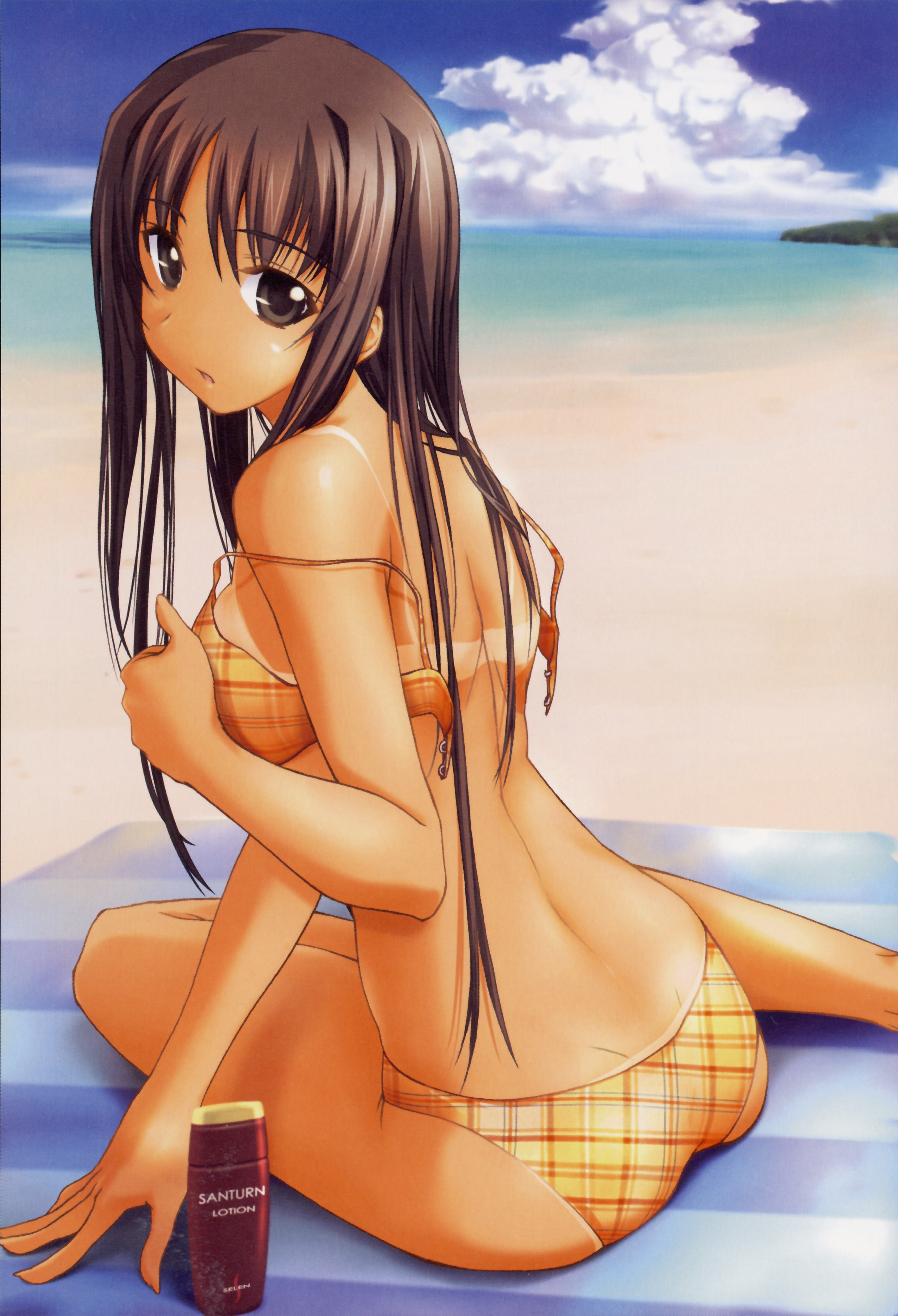 kawagishi keitarou, hizuki ayumi, ringetsu, shin ringetsu, untied, absurdres, highres, non-web source, 00s, 1girl, arm support, beach, bikini, bikini tan, blush, breasts, brown eyes, brown hair, checkered bikini, checkered clothes, cloud, dark-skinned female, dark skin, day, dimples of venus, english text, engrish text, female focus, large breasts, long hair, looking at viewer, looking back, lotion, ocean, outdoors, plaid bikini, plaid clothes, ranguage, sitting, sky, solo, sunscreen, swimsuit, tan, tanline, wardrobe malfunction, yellow bikini, yokozuwari