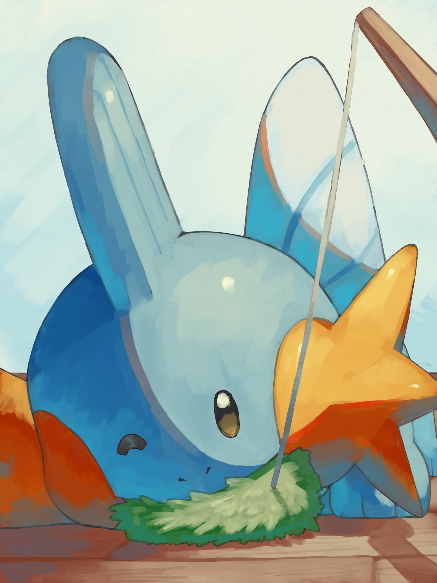 p9kfxaofqi54546, mudkip, nintendo, pokemon, highres, cat teaser, closed mouth, fins, gen 3 pokemon, head fins, looking at viewer, no humans, one eye closed, pokemon (creature), pokemon focus, solo, tail