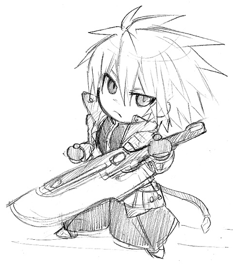 fuyumura asuki, ragna the bloodedge, arc system works, blazblue, chibi, greyscale, male focus, monochrome, short hair, sketch, solo, sword, weapon, white background