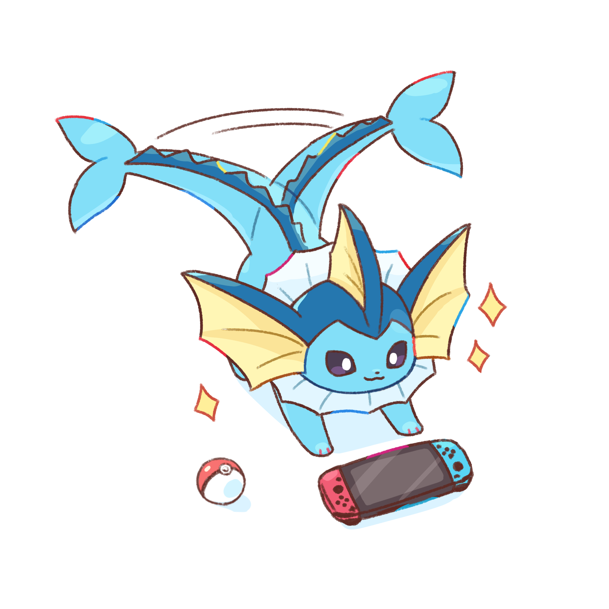 neko gyoza, vaporeon, nintendo, pokemon, highres, animal focus, blue fur, cetacean tail, closed mouth, fins, fish tail, forked tail, full body, gen 1 pokemon, head fins, nintendo switch, no humans, poke ball, pokemon (creature), pokemon focus, simple background, smile, solo, star (symbol), tail, tail wagging, white background