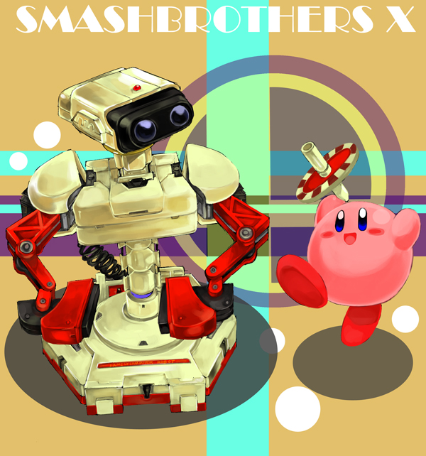 rob, family computer robot, kirby, kirby (series), nintendo, super smash bros., :d, blush, creature, drill, full body, machinery, no humans, open mouth, smile
