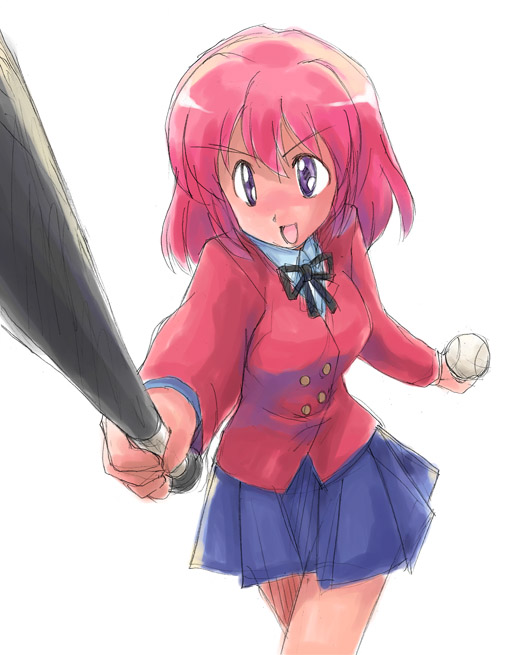 masuki, kushieda minori, toradora!, 00s, baseball, baseball bat, blue eyes, red hair, school uniform, short hair, sketch, solo