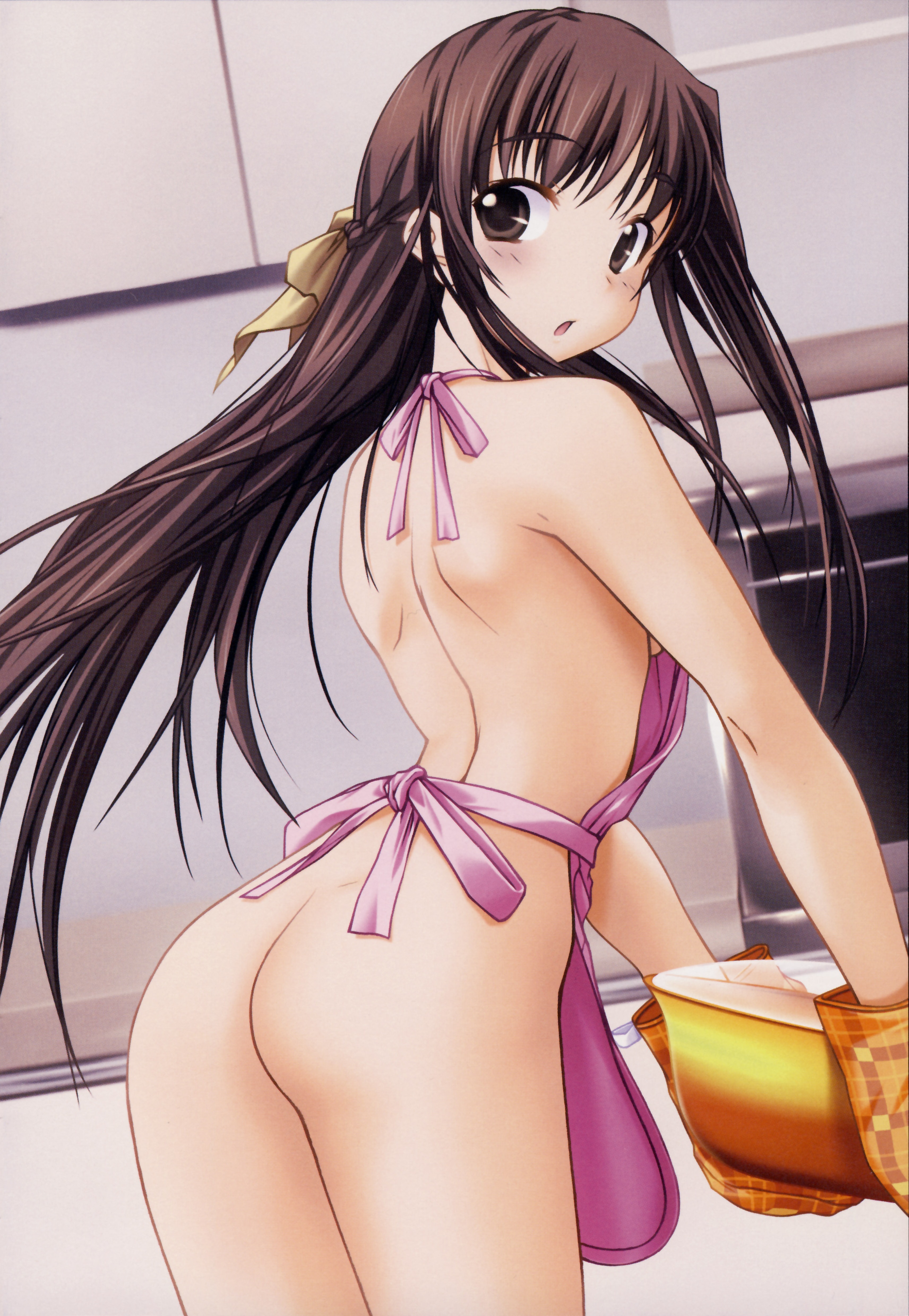kawagishi keitarou, hizuki ayumi, ringetsu, shin ringetsu, absurdres, highres, non-web source, 00s, 1girl, apron, ass, brown eyes, brown hair, cooking, female focus, food, long hair, looking back, naked apron, no bra, no panties, ribbon, solo