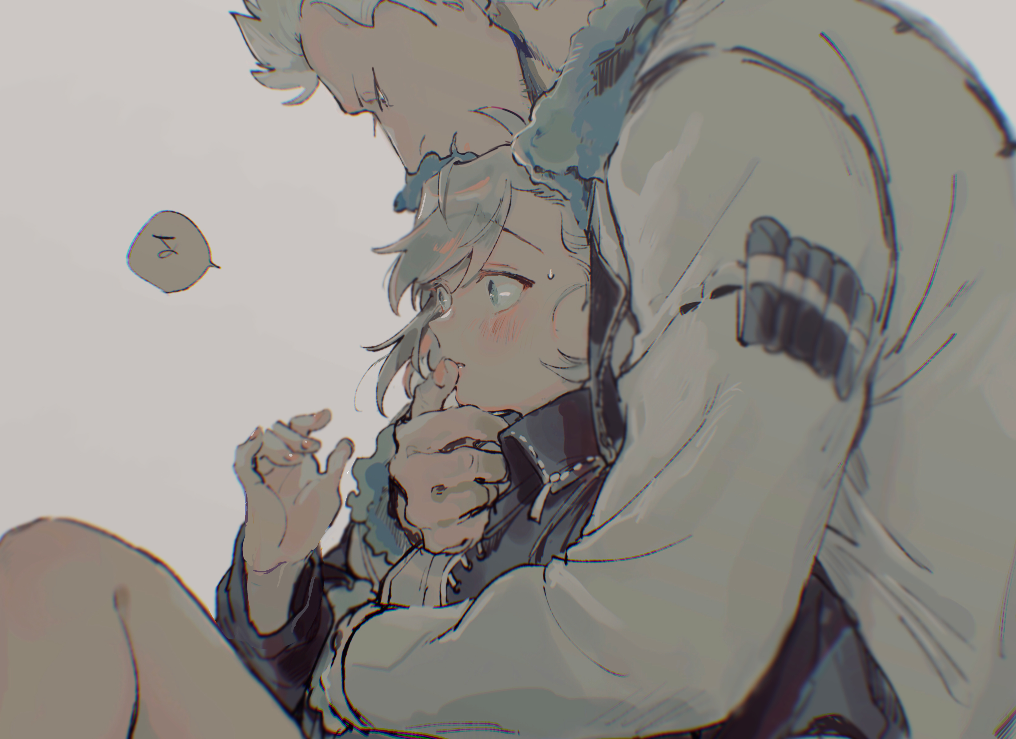 kabane (rjev8385), smoker (one piece), one piece, original, absurdres, commentary request, highres, translation request, 1boy, 1girl, asymmetrical bangs, black jacket, blush, cigar, collared jacket, couple, embarrassed, finger to another's mouth, fur-trimmed jacket, fur-trimmed sleeves, fur trim, grey background, grey eyes, hetero, jacket, jitome, long sleeves, looking at another, looking down, oc x canon, parted lips, profile, short hair, simple background, sitting, sitting on lap, sitting on person, small sweatdrop, speech bubble, swept bangs, white hair, white jacket