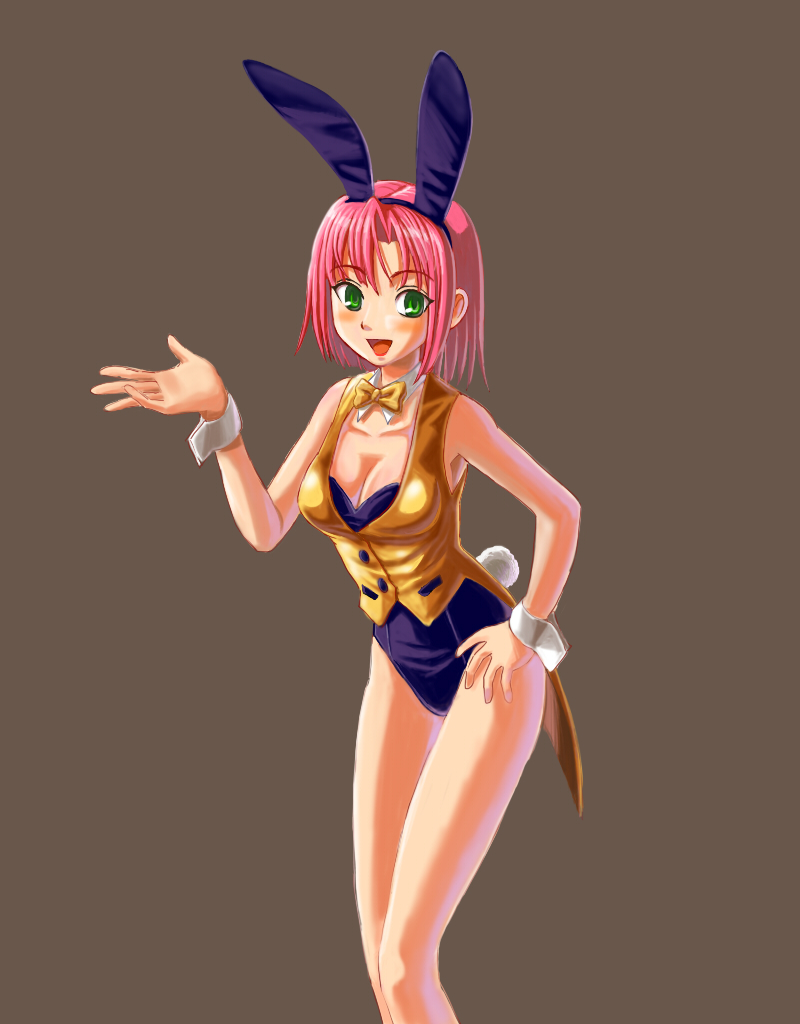 yahoten (simplegreen), rio rollins, super blackjack, bad id, bad pixiv id, 1girl, animal ears, bare legs, fake animal ears, female focus, green eyes, pink hair, playboy bunny, rabbit ears, short hair, solo, vest