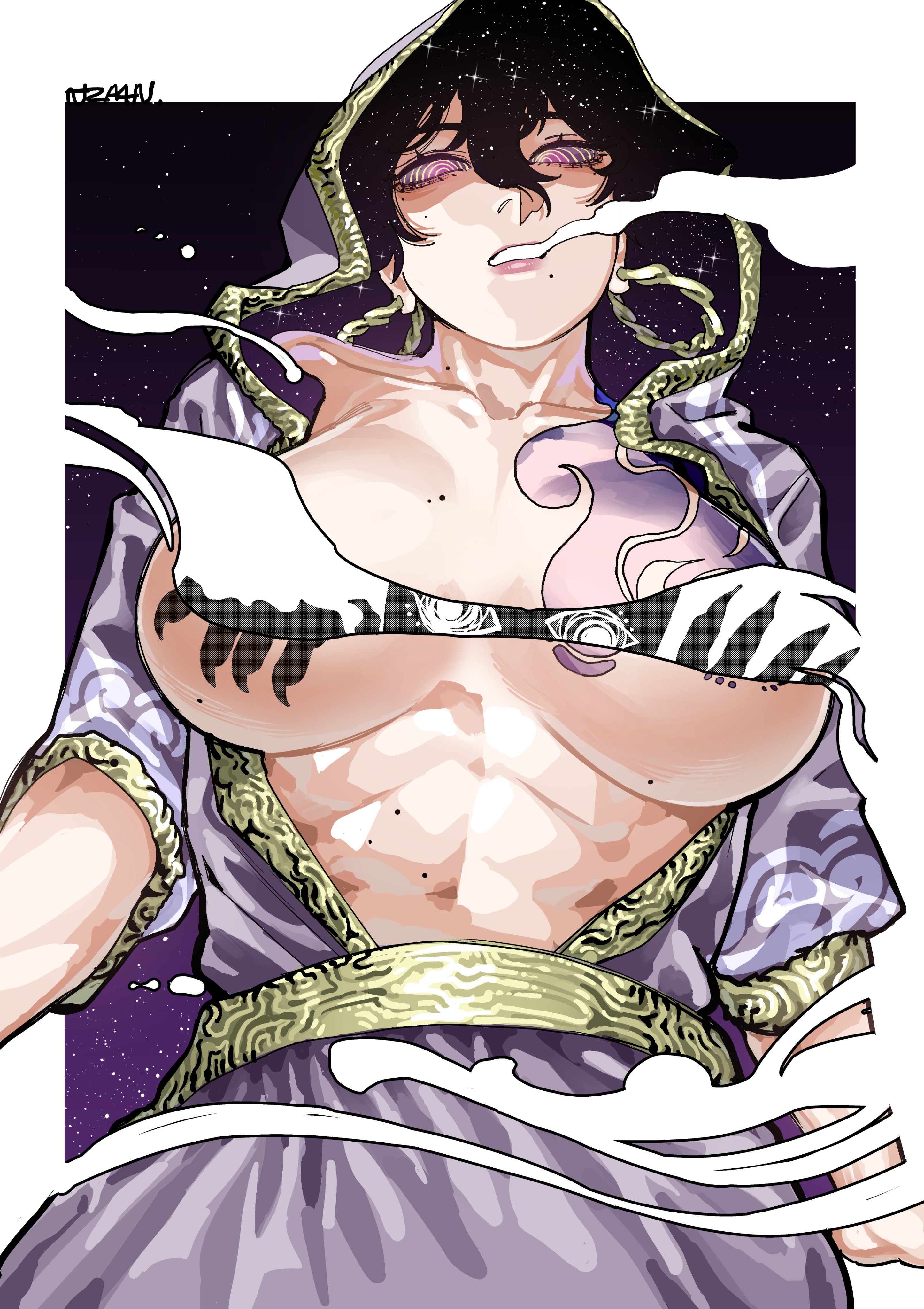 arnanra, original, absurdres, character request, check character, highres, 1girl, a world underneath, breast tattoo, breasts, breasts apart, convenient censoring, covered erect nipples, cowboy shot, earrings, from below, gold trim, hair between eyes, hood, hood up, hooded robe, hoop earrings, jewelry, large breasts, looking at viewer, minoan clothes, mole, mole on arm, mole on breast, mole on stomach, mole under eye, mole under mouth, multiple moles, night, night sky, open clothes, open mouth, open robe, outside border, parted lips, pink eyes, purple robe, purple tattoo, ringed eyes, robe, sky, smoke from mouth, solo, star (sky), starry sky, tattoo