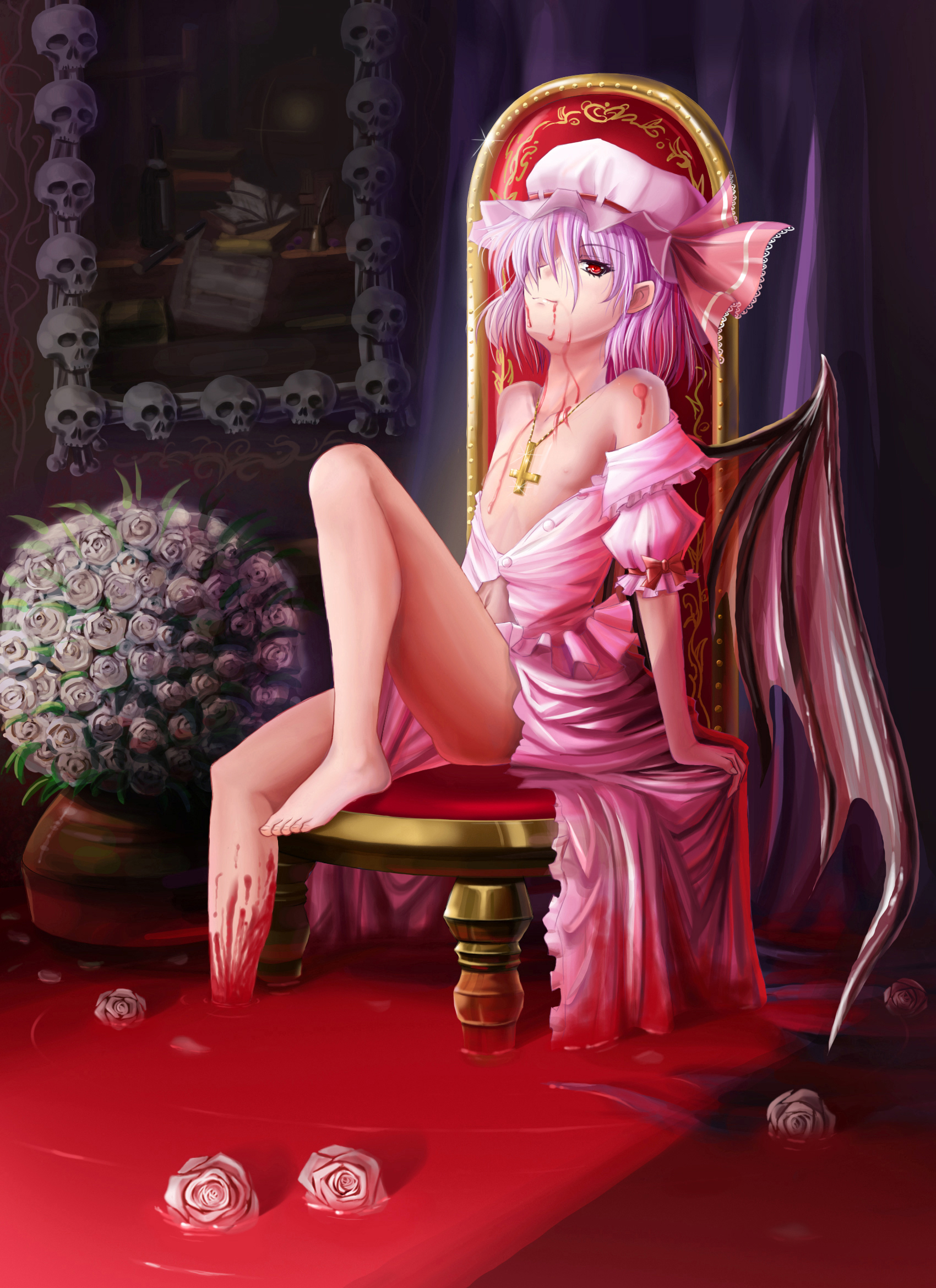 saber 01, remilia scarlet, touhou, highres, 1girl, arm support, barefoot, blood, blood in mouth, chair, clothes pull, cross, demon wings, feet, female focus, flat chest, flower, hair over one eye, hat, inverted cross, loli, mirror, nipples, pool of blood, purple hair, red eyes, shirt pull, sitting, skull, soaking feet, solo, wings