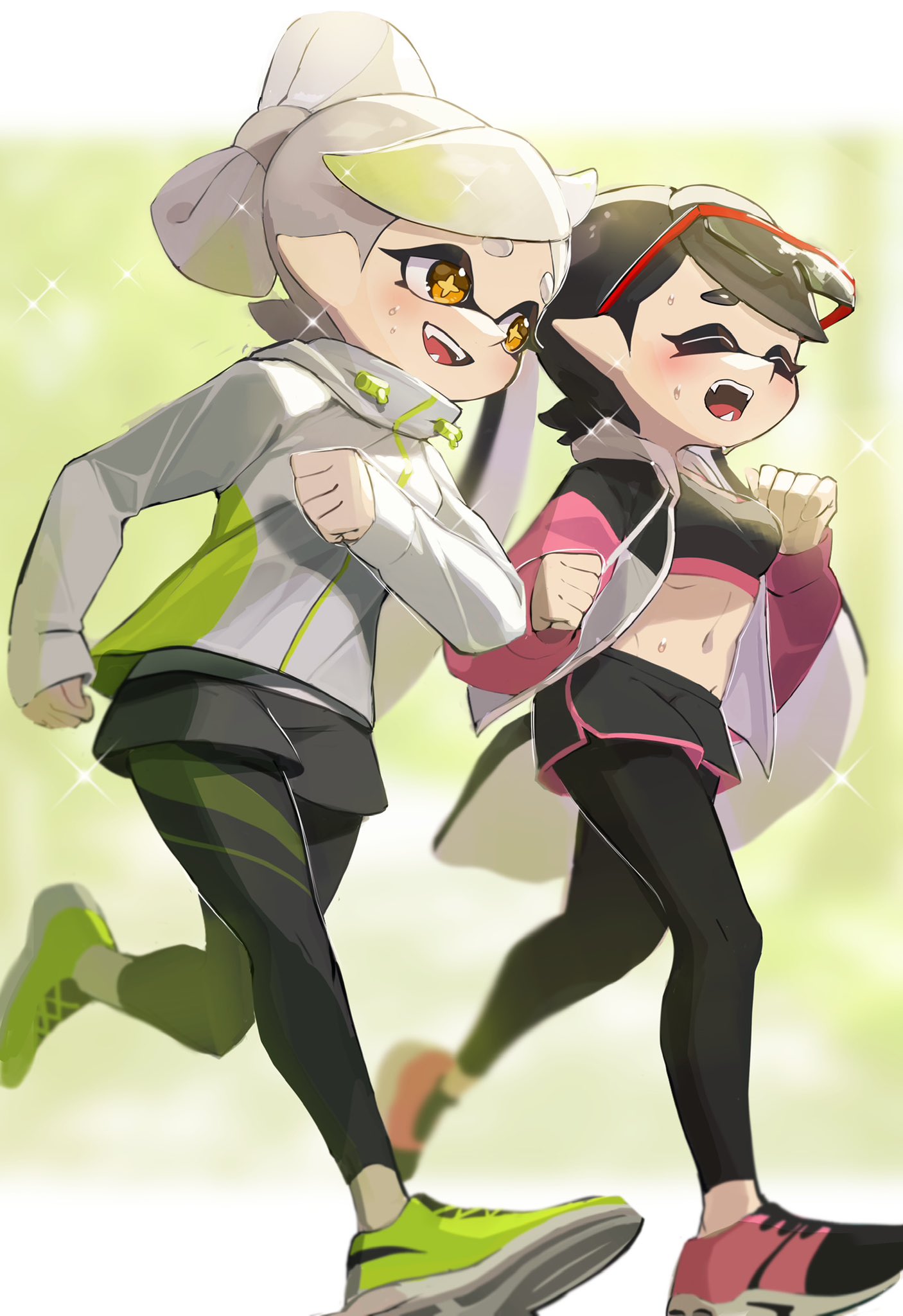nomu (29 nom), callie (splatoon), marie (splatoon), nintendo, splatoon (series), splatoon 1, commentary, highres, + +, 2girls, black hair, black leggings, black shorts, black sports bra, closed eyes, cousins, dolphin shorts, eyewear on head, fangs, frown, gradient hair, green hair, green shoes, grey hair, grey jacket, half updo, jacket, leggings, leggings under shorts, long hair, long sleeves, looking to the side, midriff, multicolored hair, multiple girls, navel, open clothes, open jacket, open mouth, orange eyes, pink jacket, pink shoes, pointy ears, running, shoes, short hair, short shorts, shorts, smile, sneakers, sparkle, sports bra, sweat, swept bangs, tentacle hair, very long hair