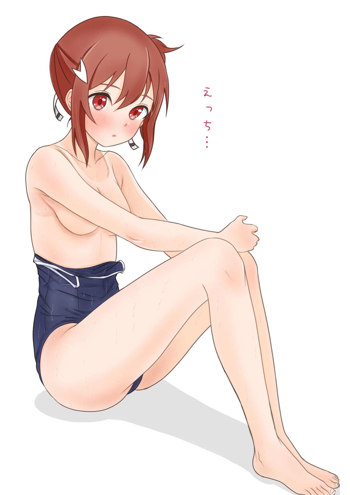 man12sikata-04, yuuki yuuna, yuuki yuuna wa yuusha de aru, yuusha de aru, commentary request, highres, translated, 1girl, :o, bare arms, bare legs, bare shoulders, barefoot, blue one-piece swimsuit, blush, breasts, brown eyes, brown hair, cleavage, clothes pull, collarbone, convenient arm, convenient censoring, from side, full body, hair between eyes, hair ornament, hair ribbon, hand on own knee, hands on own knees, knees up, legs, looking at viewer, medium breasts, one-piece swimsuit, one-piece swimsuit pull, one-piece tan, parted lips, red eyes, ribbon, school swimsuit, shadow, short hair, side ponytail, sidelocks, simple background, sitting, small breasts, solo, sweat, swimsuit, tan, tanline, toes, wet, white background, white ribbon