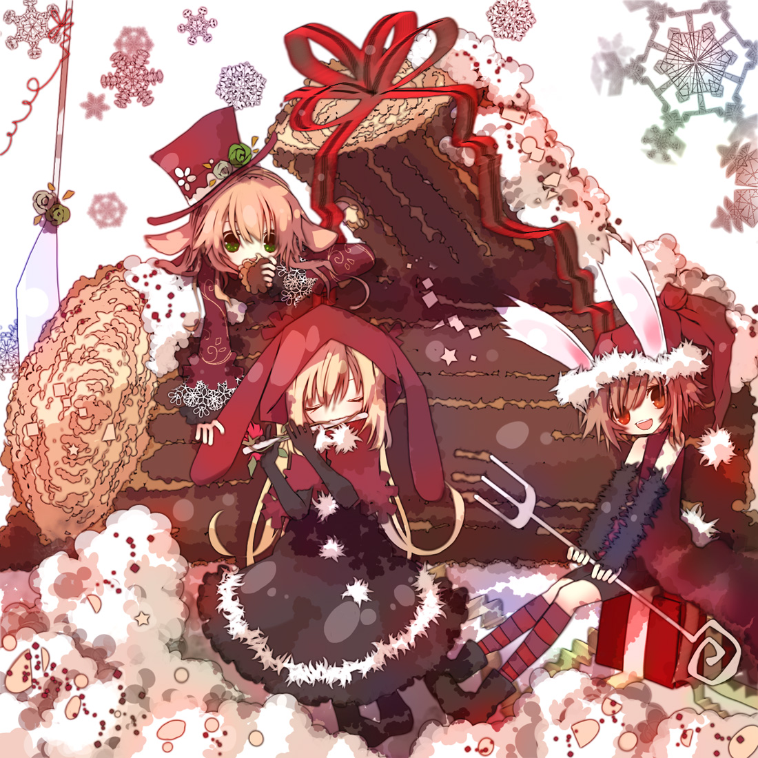 saya (sayaya), pixiv fantasia, pixiv fantasia 2, 3girls, cake, christmas, flute, food, green eyes, hat, instrument, multiple girls, pastry, short hair, yule log (cake)