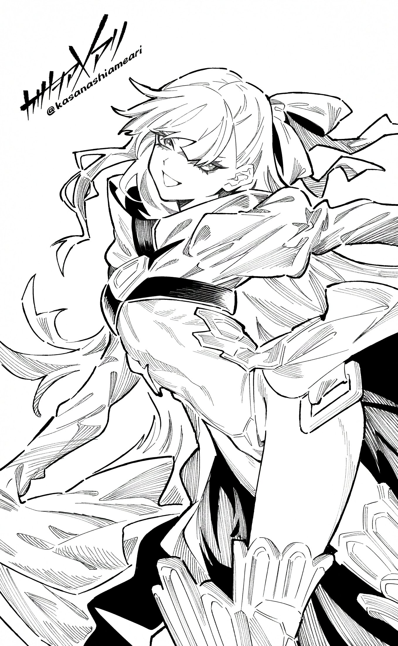 kasanashiameari, character request, copyright request, highres, 1girl, copyright name, cowboy shot, eyelashes, greyscale, long hair, monochrome, panties, simple background, solo, twitter username, underwear, white background