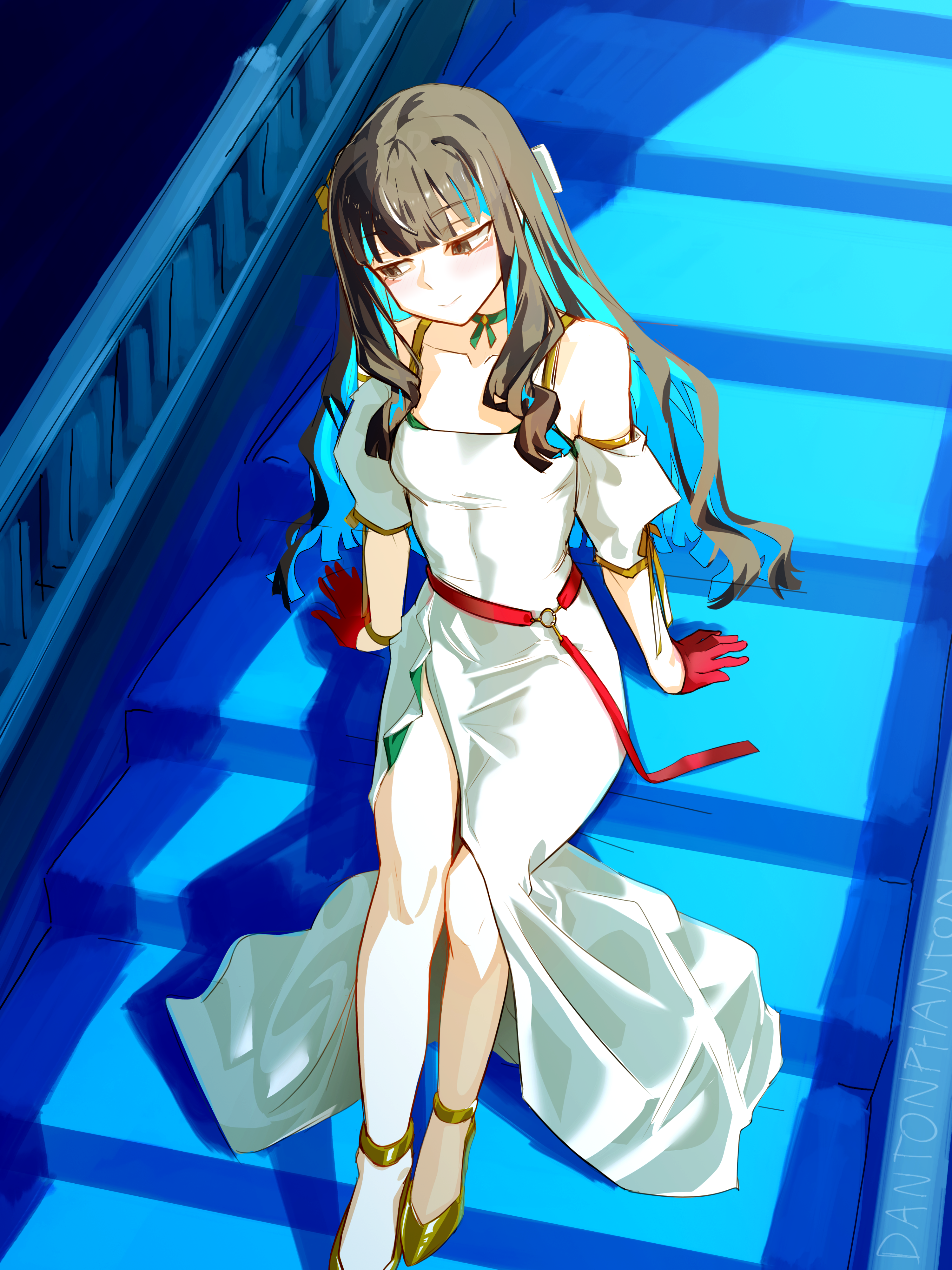 dantonphanton, tenochtitlan (celebratory attire) (fate), tenochtitlan (fate), fate/grand order, fate (series), absurdres, highres, 1girl, bare shoulders, black hair, blue hair, bracelet, breasts, choker, colored inner hair, dress, eyeliner, flower, gloves, grey eyes, hair flower, hair ornament, high heels, jewelry, long hair, looking to the side, makeup, multicolored hair, puffy short sleeves, puffy sleeves, red gloves, short sleeves, sidelocks, sitting, small breasts, smile, solo, stairs, white dress