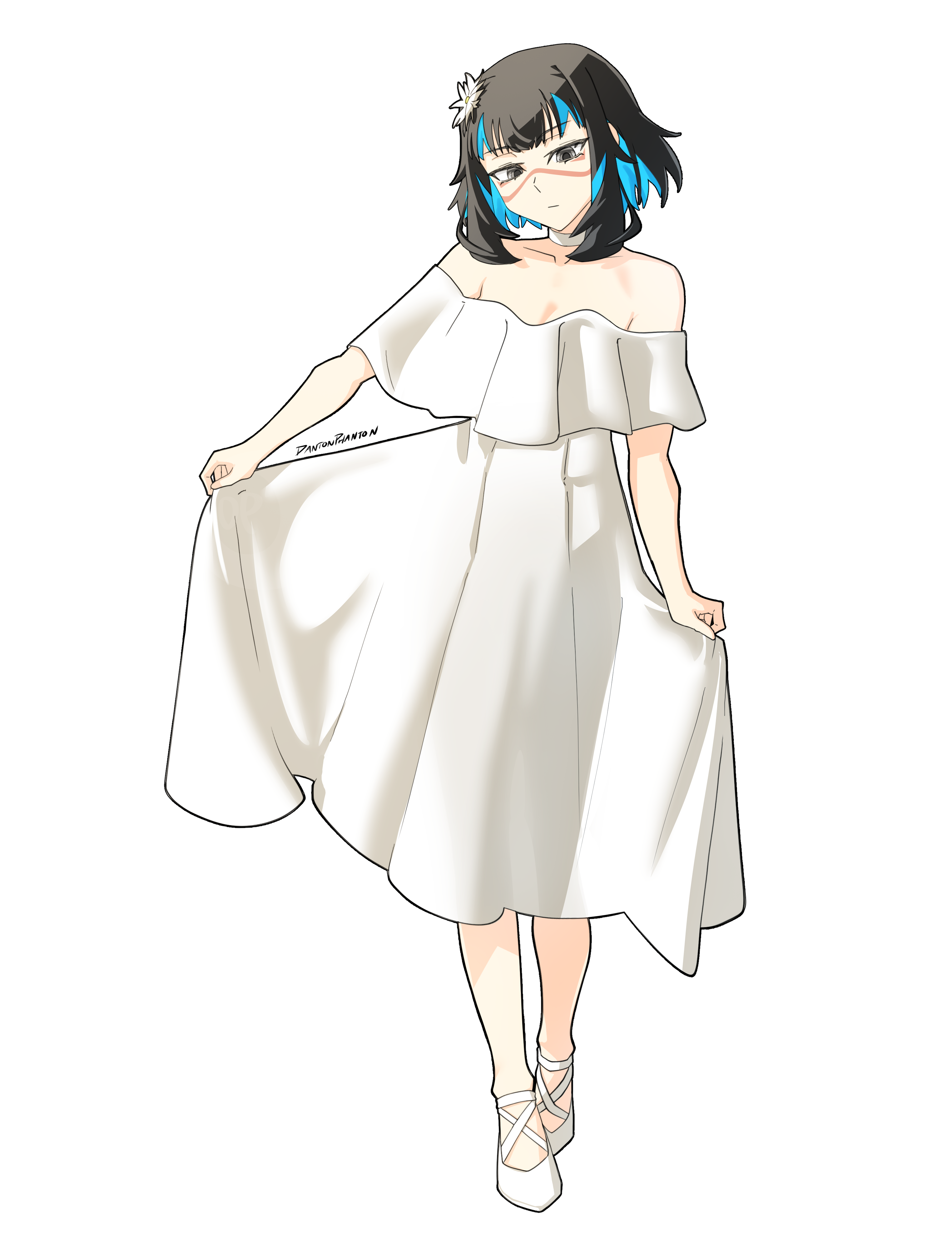 dantonphanton, tenochtitlan (fate), fate/grand order, fate (series), absurdres, highres, 1girl, bare shoulders, black hair, blue hair, breasts, choker, collarbone, colored inner hair, dress, facepaint, flower, full body, grey eyes, hair flower, hair ornament, looking at viewer, multicolored hair, off shoulder, short hair, sidelocks, small breasts, solo, white dress