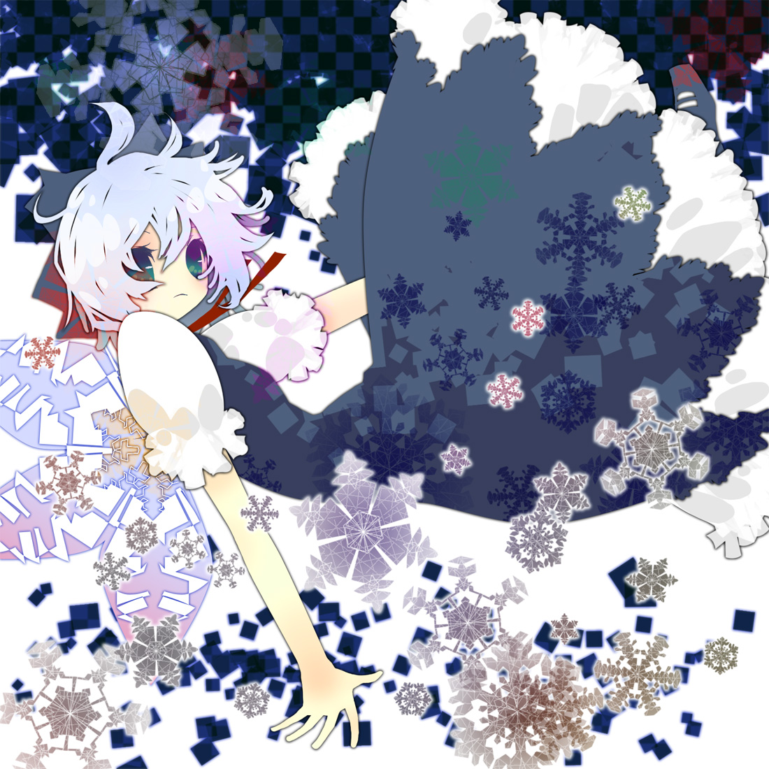 saya (sayaya), cirno, embodiment of scarlet devil, touhou, 1girl, circled 9, dress, female focus, ribbon, short hair, solo, white background, wings