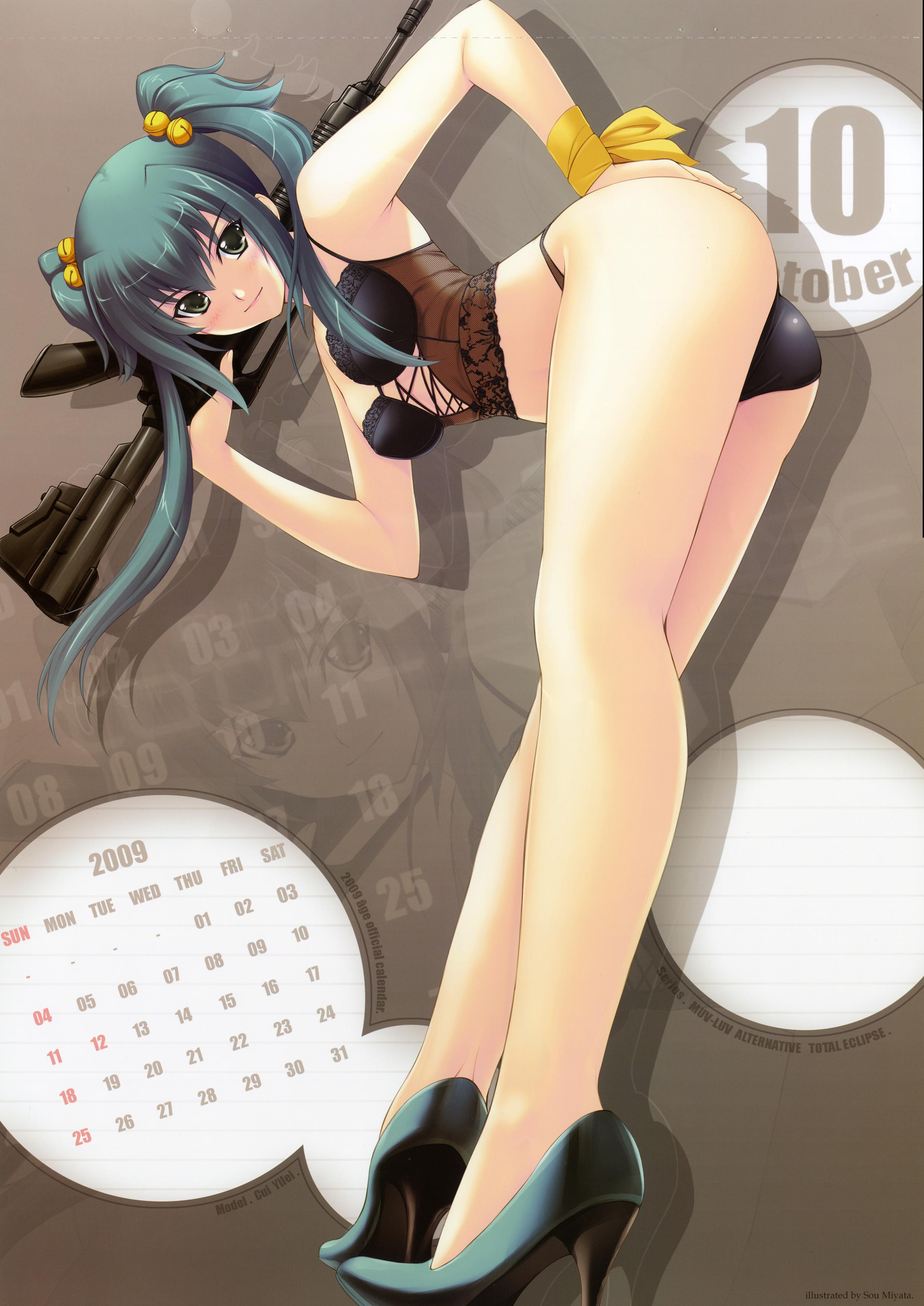 miyata sou, cui yifei, muv-luv, muv-luv alternative, muv-luv total eclipse, total eclipse, absurdres, highres, 00s, 1girl, 2009, ass, assault rifle, bell, blue hair, bustier, calendar, female focus, green hair, gun, hair bell, hair ornament, high heels, lace, leaning forward, legs, lingerie, long hair, long legs, m4 carbine, october, panties, rifle, shoes, smile, solo, twintails, underwear, weapon, zoom layer