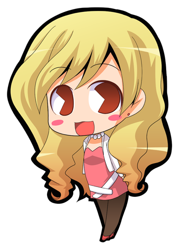 suntail, takasu yasuko, toradora!, lowres, 00s, :3, blonde hair, blush, brown eyes, chibi, dress, long hair, pac-man eyes, pantyhose, solo
