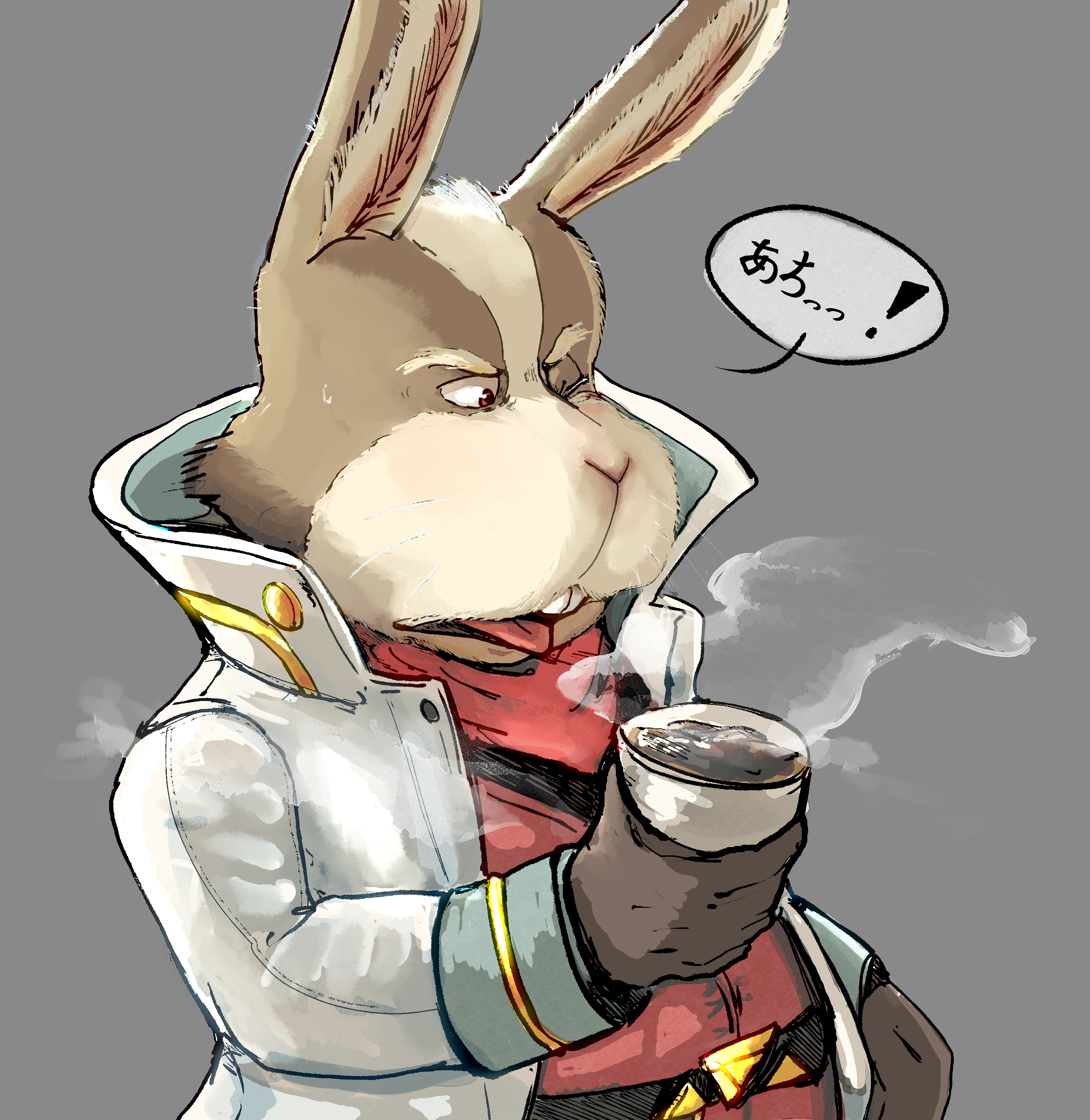 peppy hare, nintendo, star fox, absurdres, highres, !, 1boy, belt, coffee, grey background, jacket, japanese text, katamichi miharu, one eye closed, open mouth, solo, speech bubble, steam, tongue, tongue out, upper body