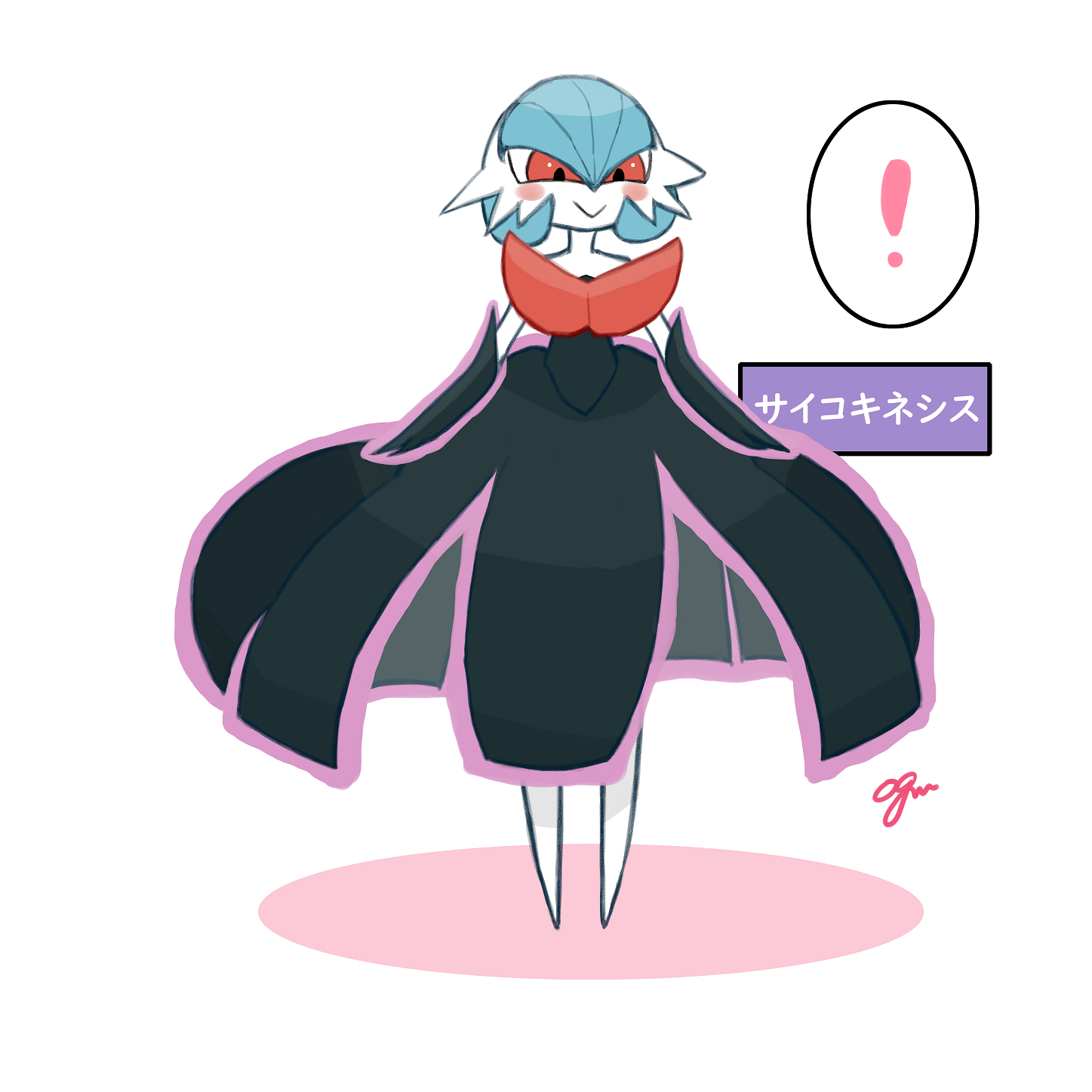 ogm53, gardevoir, mega gardevoir, nintendo, pokemon, highres, large variant set, translated, variant set, !, 1girl, :>, alternate color, arms at sides, artist name, black dress, black gloves, blue hair, blush, blush stickers, bob cut, closed mouth, clothes lift, colored skin, dress, dress lift, elbow gloves, female focus, full body, gen 3 pokemon, gloves, hair between eyes, happy, japanese text, long dress, looking afar, mega pokemon, no feet, outline, pink outline, pokemon (creature), red eyes, shiny pokemon, short hair, signature, simple background, smile, solo, speech bubble, spoken exclamation mark, standing, strapless, strapless dress, telekinesis, white background, white skin