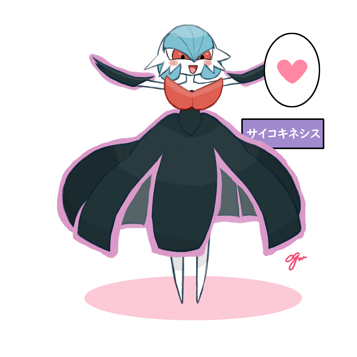 ogm53, gardevoir, mega gardevoir, nintendo, pokemon, highres, large variant set, translated, variant set, 1girl, alternate color, arms up, artist name, black dress, black gloves, blue hair, blush, blush stickers, bob cut, clothes lift, colored skin, dress, dress lift, elbow gloves, female focus, full body, gen 3 pokemon, gloves, hair between eyes, happy, heart, japanese text, long dress, looking afar, mega pokemon, no feet, open mouth, outline, outstretched arms, pink outline, pokemon (creature), red eyes, shiny pokemon, short hair, signature, simple background, smile, solo, speech bubble, spoken heart, spread arms, standing, strapless, strapless dress, telekinesis, white background, white skin
