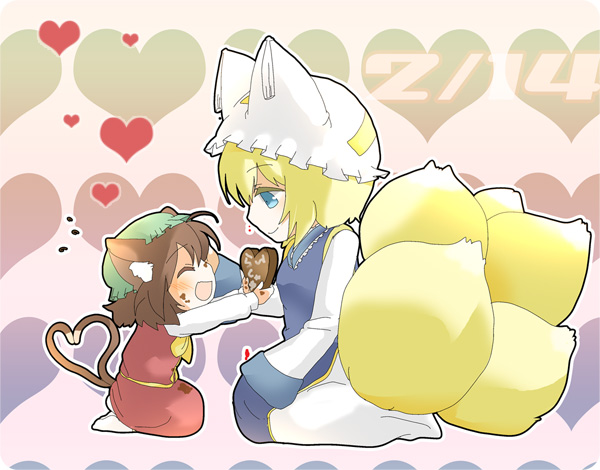 biriizuniitokyanpu, co taro, chen, yakumo ran, touhou, bad id, bad pixiv id, 2girls, animal ears, animal hat, blonde hair, blue eyes, brown hair, cat ears, cat girl, cat tail, closed eyes, female focus, fox tail, hat, heart, heart tail, long sleeves, mob cap, multiple girls, multiple tails, short hair, sleeves past wrists, tail, tassel