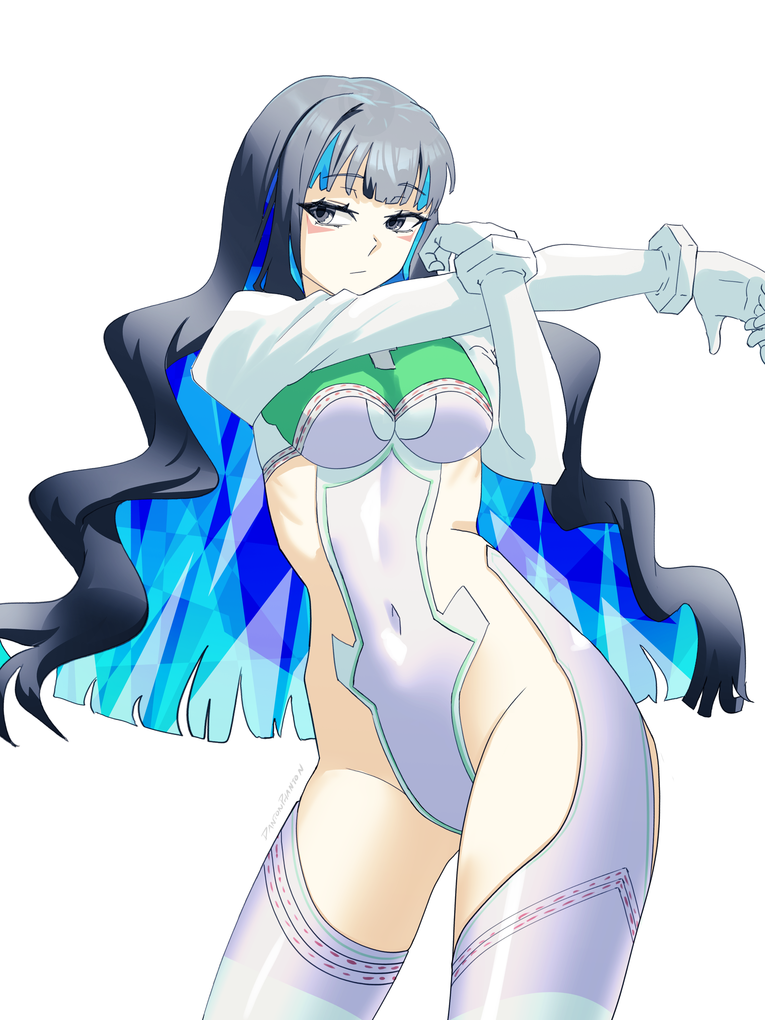 dantonphanton, kukulkan (fate), kukulkan (second ascension) (fate), tenochtitlan (fate), fate/grand order, fate (series), absurdres, highres, 1girl, black hair, blue hair, boots, breasts, colored inner hair, cosplay, covered navel, eyeliner, gloves, grey eyes, juliet sleeves, kukulkan (fate) (cosplay), leotard, long hair, long sleeves, looking at viewer, makeup, multicolored hair, puffy sleeves, shrug (clothing), sideless outfit, sidelocks, small breasts, solo, thigh boots, thighs, white boots, white gloves, white leotard, white shrug