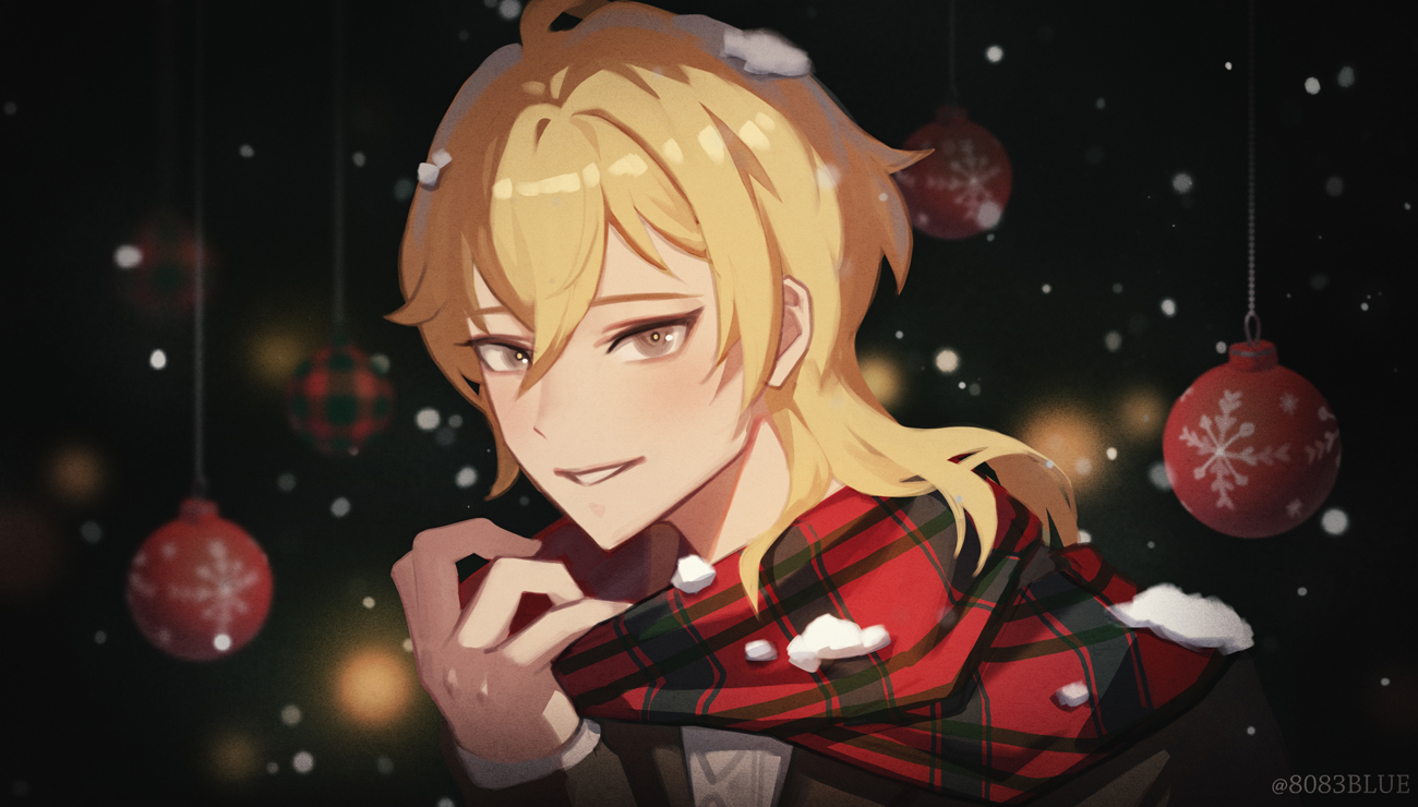 8083 blue, hakaze kaoru, ensemble stars!, commentary request, 1boy, blonde hair, brown eyes, christmas ornaments, hair between eyes, looking at viewer, male focus, parted lips, plaid clothes, plaid scarf, scarf, signature, snow on head, snowing, solo, upper body