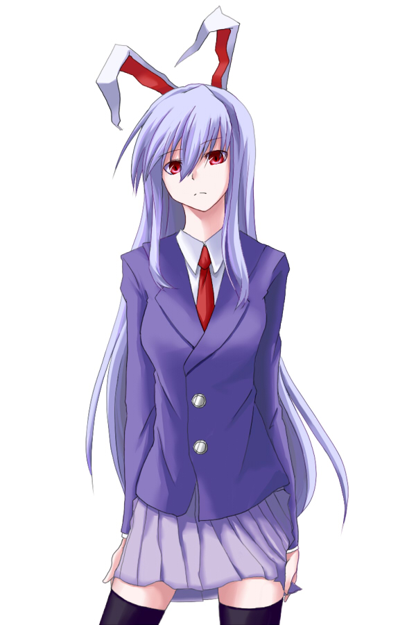 kauto, reisen udongein inaba, touhou, light purple hair, silver hair, bad id, bad pixiv id, 1girl, animal ears, blazer, female focus, jacket, long hair, necktie, rabbit ears, red eyes, red necktie, slit pupils, solo, thighhighs, very long hair
