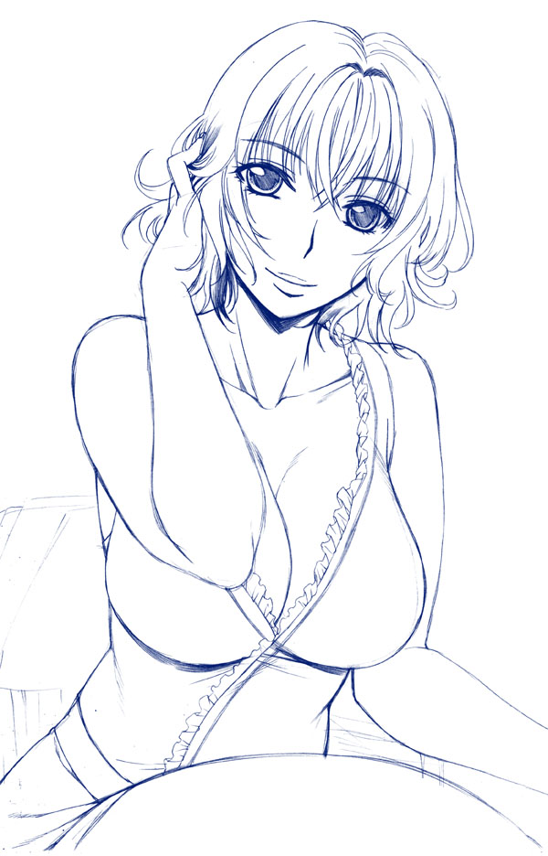 hanzaki jirou, mikado ryouko, to love-ru, 00s, 1girl, blue theme, breasts, cleavage, female focus, head tilt, huge breasts, large breasts, lips, looking at viewer, monochrome, short hair, simple background, smile, solo, white background