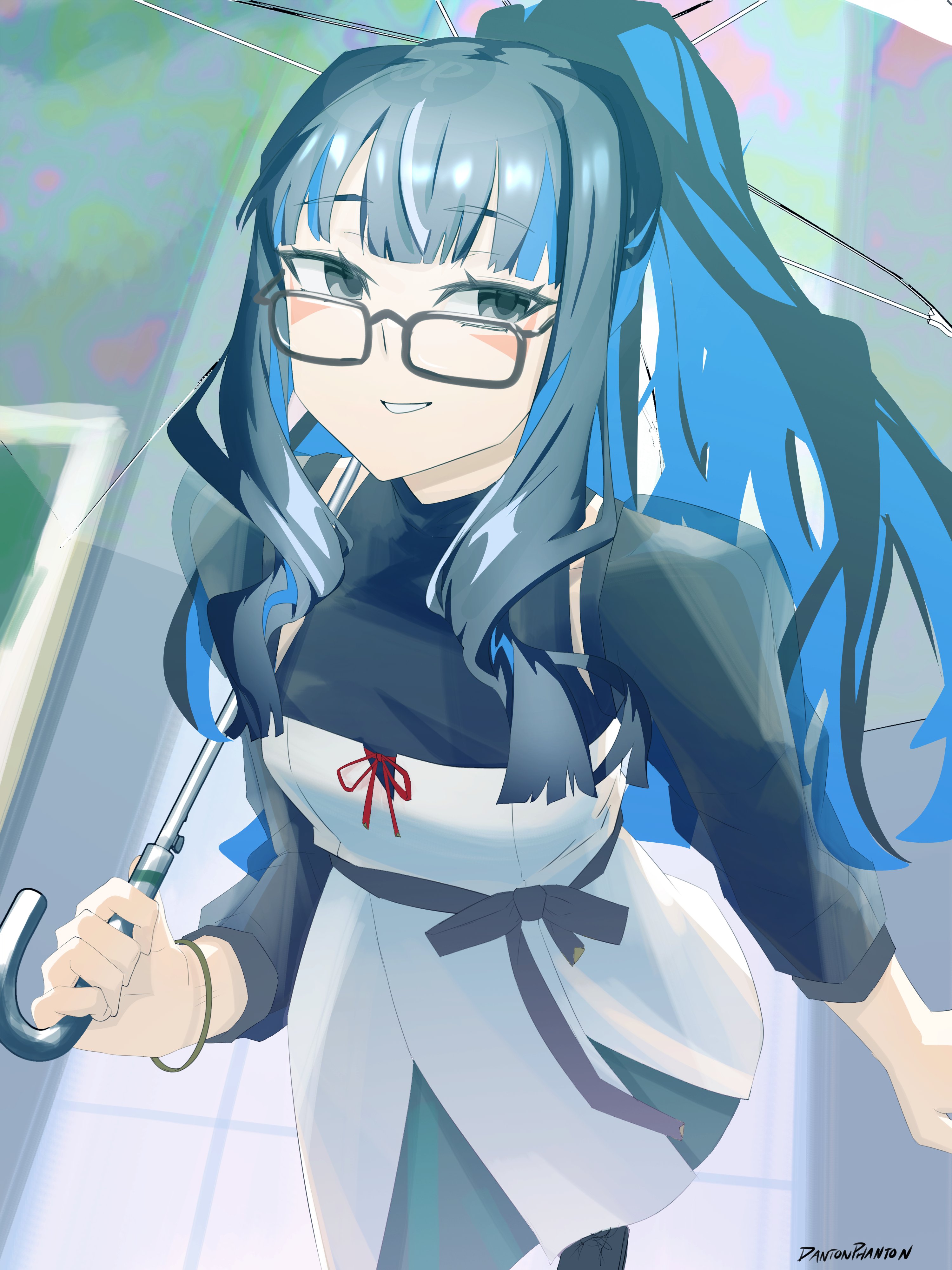 dantonphanton, tenochtitlan (fate), tenochtitlan (over the same sky) (fate), fate/grand order, fate (series), absurdres, highres, 1girl, black hair, black shirt, blue hair, bracelet, breasts, colored inner hair, dress, eyeliner, glasses, grey eyes, grin, high ponytail, jewelry, long hair, long sleeves, looking at viewer, makeup, multicolored hair, ponytail, shirt, sidelocks, small breasts, smile, solo, umbrella, white dress