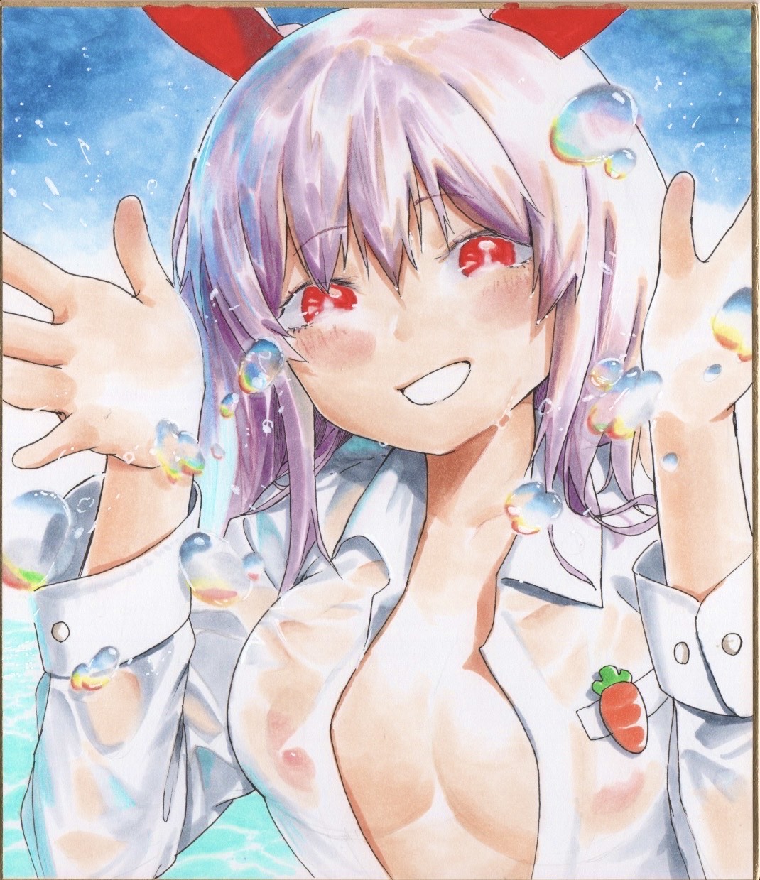 yawdeone, reisen udongein inaba, touhou, commentary request, highres, 1girl, animal ears, blue background, blush, carrot pin, collared shirt, covered erect nipples, grin, long hair, long sleeves, looking at viewer, no bra, open clothes, open shirt, purple hair, rabbit ears, rabbit girl, red eyes, shikishi, shirt, smile, solo, upper body, water drop, wet, wet clothes, wet shirt, white shirt