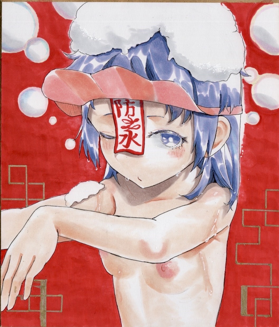 yawdeone, miyako yoshika, touhou, commentary request, highres, 1girl, blue eyes, blue hair, blush, breasts, jiangshi, looking at viewer, nipples, nude, one eye closed, outstretched arms, red background, shampoo, shampoo hat, short hair, small breasts, solo, upper body, zombie pose