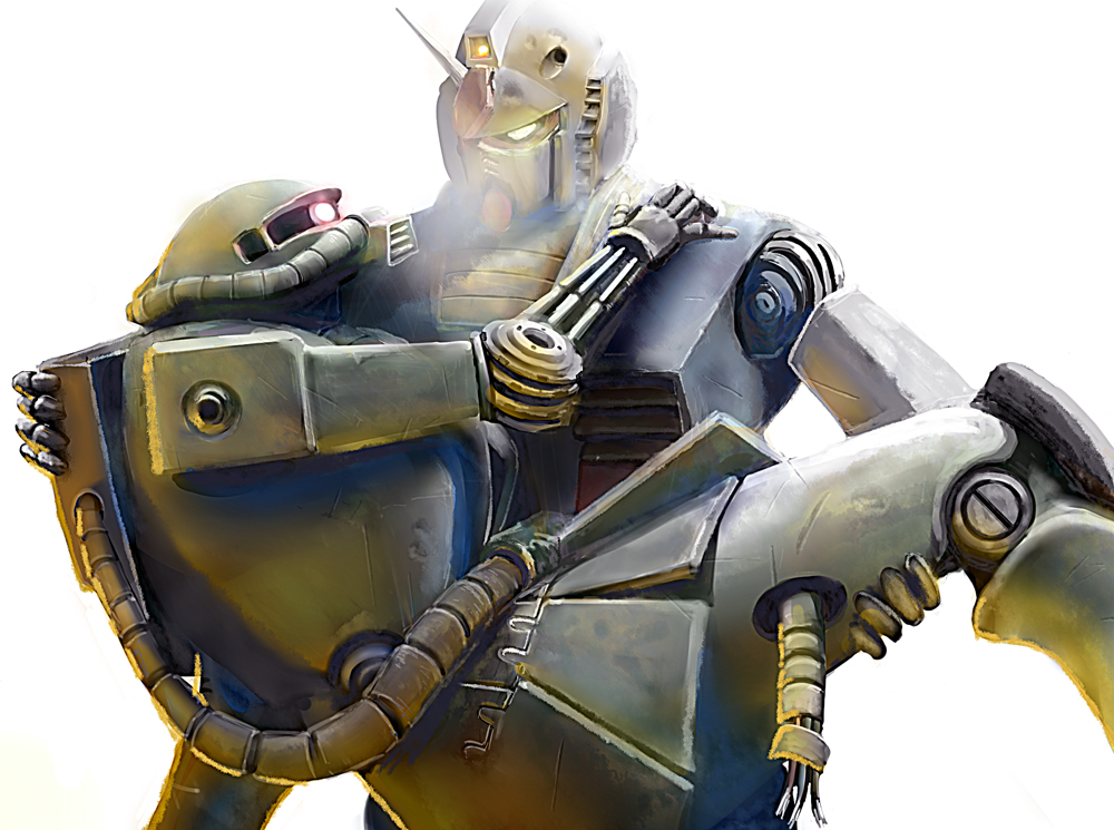 tk914, rx-78-2 gundam, zaku, zaku ii, zaku ii f/j, gundam, mobile suit gundam, bad id, breath, carrying, couple, heavy breathing, hetero, injury, mecha, no humans, princess carry, robot