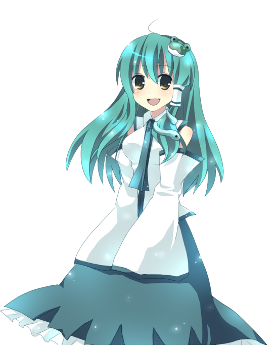 yukishiro mafuyu, kochiya sanae, touhou, 1girl, detached sleeves, female focus, frog, green hair, japanese clothes, long hair, miko, simple background, snake, solo, standing, white background