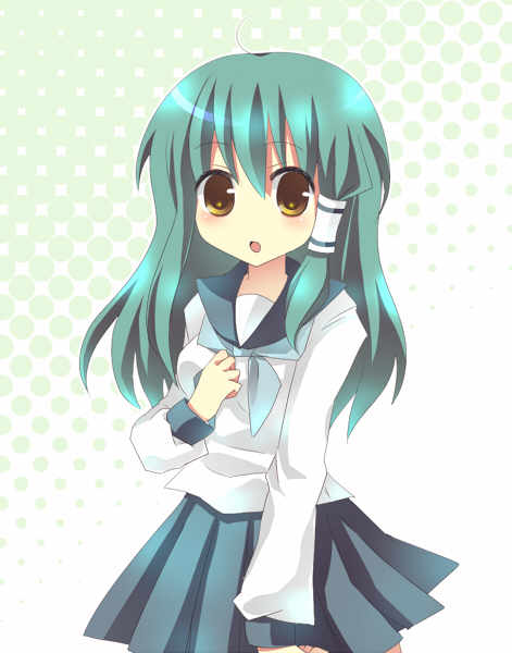 yukishiro mafuyu, kochiya sanae, touhou, 1girl, alternate costume, female focus, green hair, halftone, halftone background, long hair, school uniform, serafuku, skirt, solo, white background