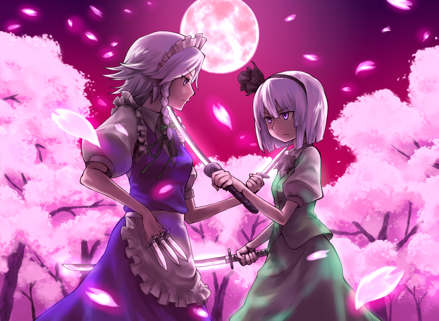 sobyoukyou, izayoi sakuya, konpaku youmu, touhou, silver hair, bad id, bad pixiv id, 2girls, apron, bob cut, bow, bowtie, braid, cherry blossoms, dual wielding, eye contact, female focus, full moon, hair bow, hairband, holding, katana, knife, looking at another, maid, maid apron, maid headdress, moon, multiple girls, petals, purple eyes, red sky, serious, short hair, sky, sword, throwing knife, twin braids, weapon