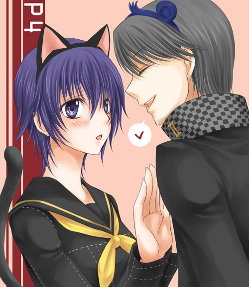 nekomura maccha, narukami yu, shirogane naoto, atlus, persona, persona 4, bad id, bad pixiv id, 1boy, 1girl, animal ears, blue hair, mint chocolate, tail