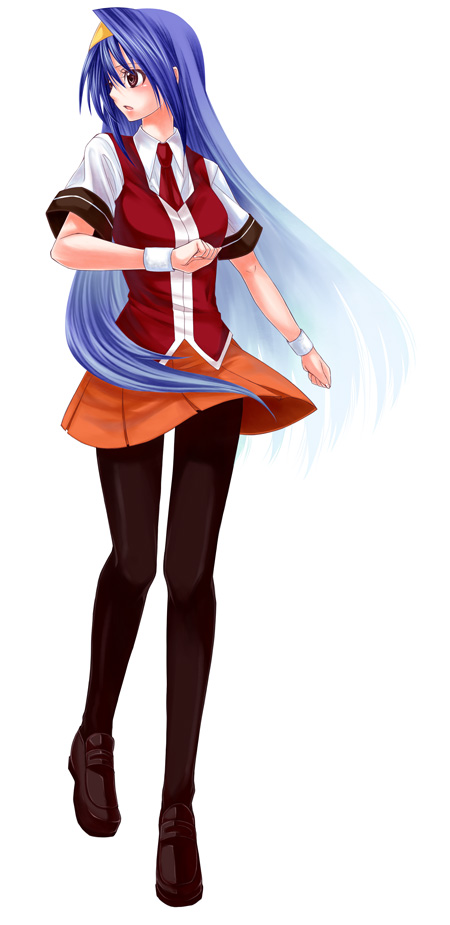 nekomura maccha, tsuzura saki, aq interactive, arcana heart, atlus, examu, bad id, bad pixiv id, 1girl, black pantyhose, blue hair, collared shirt, female focus, legs, long hair, mint chocolate, misono gakuen school uniform, orange skirt, pantyhose, school uniform, shirt, simple background, skirt, solo, very long hair, white background