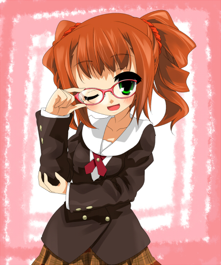 takeya yuuki, takeyasan, takatsuki yayoi, idolmaster, idolmaster (classic), idolmaster 1, 00s, 1girl, ;d, adjusting eyewear, bespectacled, brown hair, female focus, glasses, green eyes, one eye closed, open mouth, plaid clothes, plaid skirt, red-framed eyewear, school uniform, skirt, smile, solo, twintails, wink