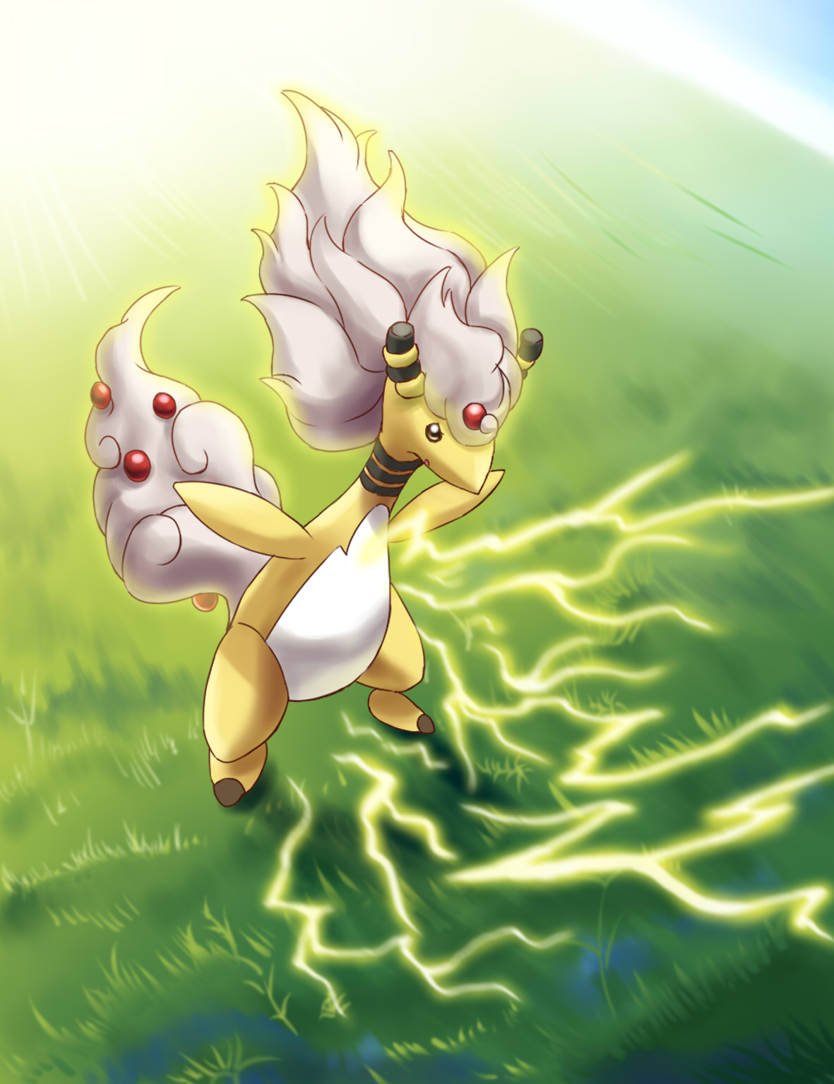 hooh lin, ampharos, mega ampharos, nintendo, pokemon, commentary request, highres, closed mouth, electricity, full body, gen 2 pokemon, grass, mega pokemon, no humans, outdoors, pokemon (creature), pokemon focus, solo