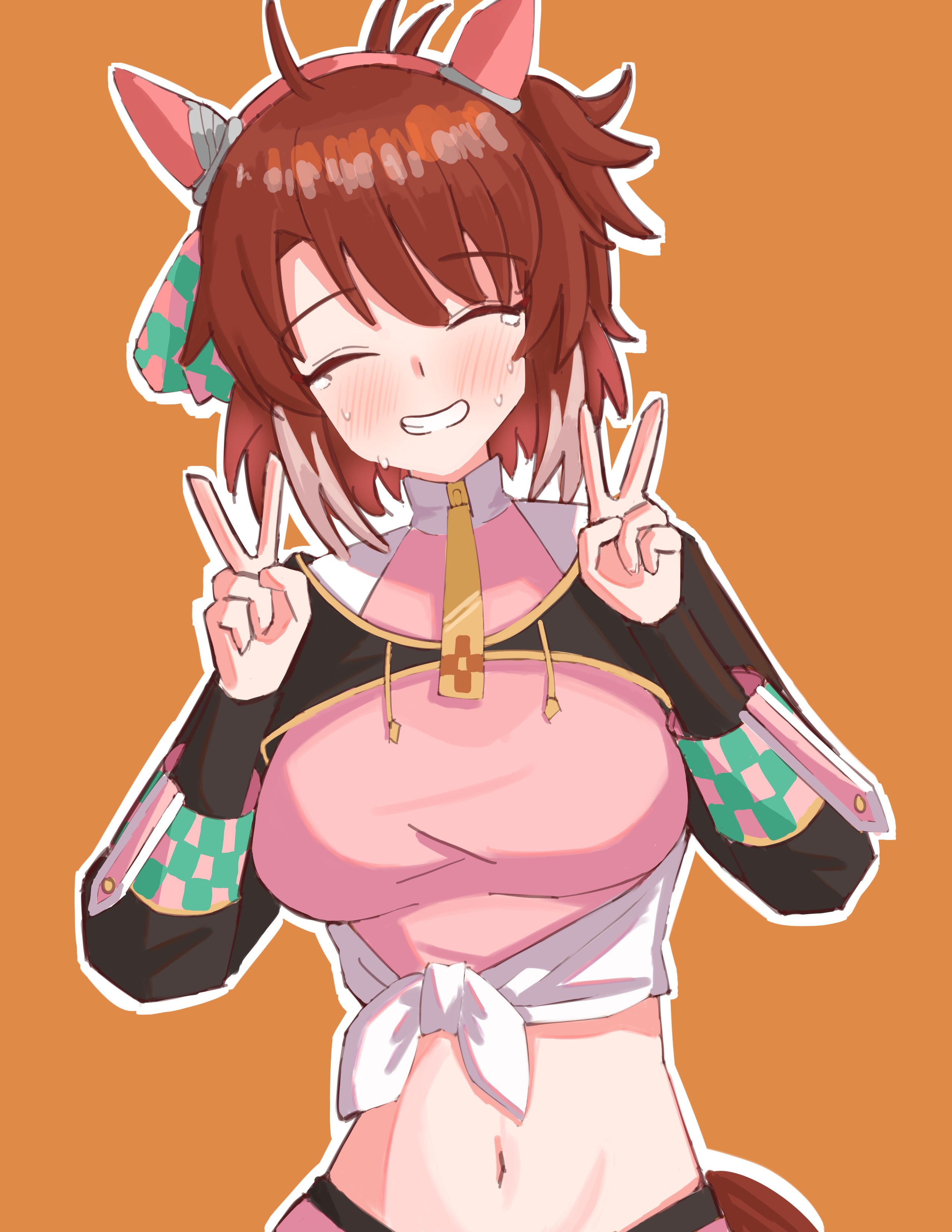 dantsu flame (center spotlight) (umamusume), dantsu flame (umamusume), umamusume, umamusume: beginning of a new era, absurdres, highres, 1girl, ahoge, animal ears, black shrug, blush, bow, breasts, brown eyes, brown hair, checkered ribbon, ear covers, ear ornament, ear ribbon, hair between eyes, hairband, haniiders, horse ears, horse girl, horse tail, large breasts, leggings under shorts, looking at viewer, midriff, navel, open mouth, pink hairband, pink shorts, shirt, shorts, shrug (clothing), simple background, smile, solo, tail, tied shirt, white hair