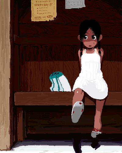 oomori harusame, asahina arumi, abenobashi mahou shoutengai, original, bad id, bad pixiv id, lowres, 00s, 1girl, braid, bus stop, dress, female focus, long hair, outdoors, skirt, solo, tan, twin braids, white dress
