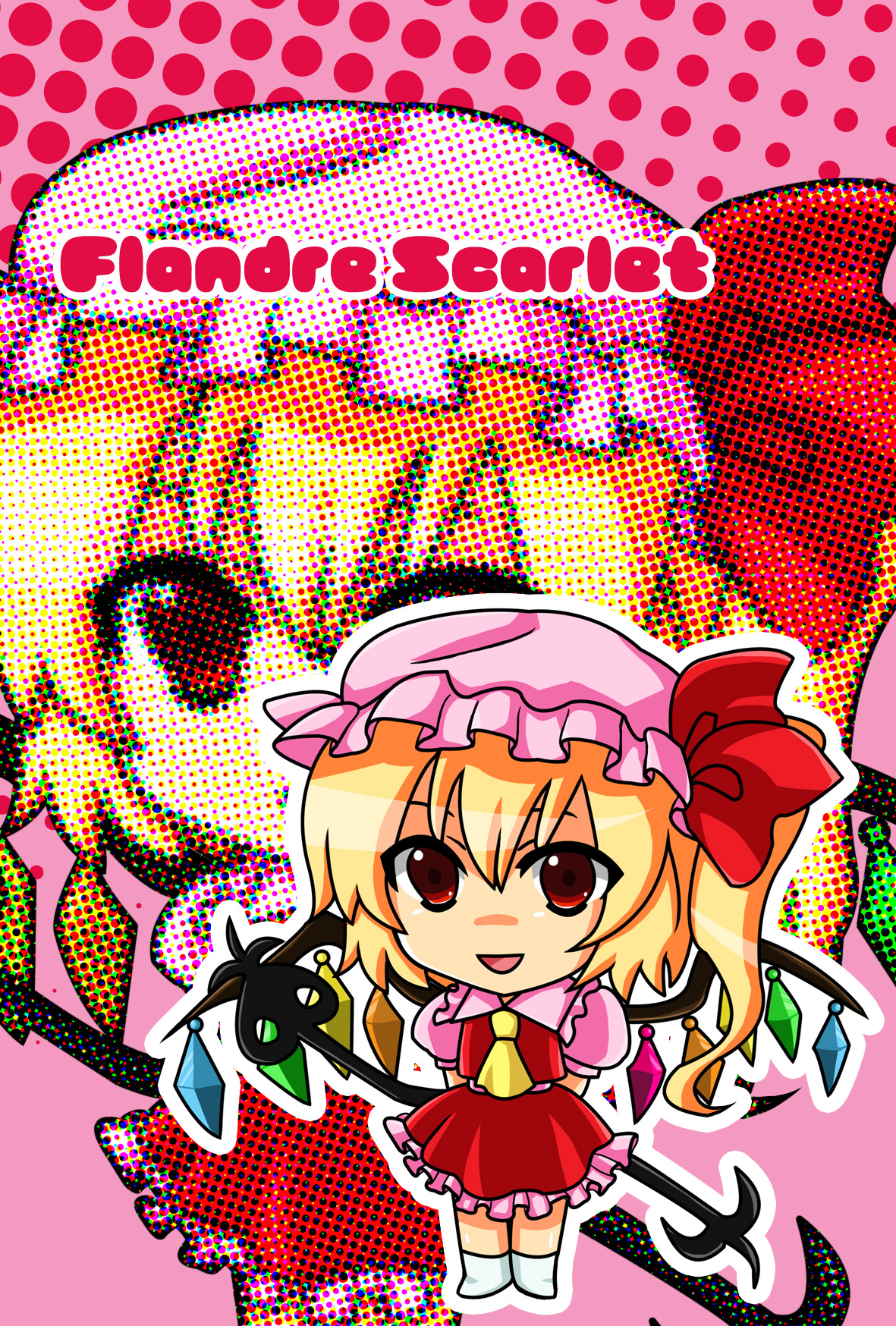 fuyumura asuki, flandre scarlet, touhou, highres, 1girl, blonde hair, chibi, female focus, full body, hat, red eyes, short hair, solo, wings, zoom layer