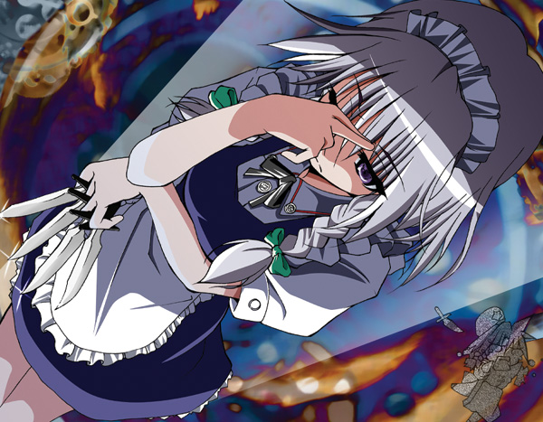 konoe yuba, hong meiling, izayoi sakuya, immaterial and missing power, touhou, silver hair, bad id, bad pixiv id, 2girls, braid, female focus, knife, maid, multiple girls, partially colored, throwing knife, twin braids, weapon
