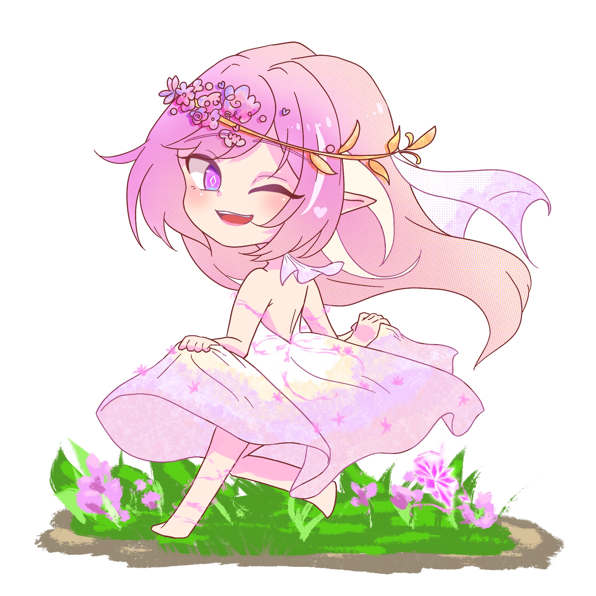 elysia (herrscher of human: ego) (honkai impact), elysia (honkai impact), honkai (series), honkai impact 3rd, chinese commentary, commentary request, highres, 1girl, ;o, bare shoulders, diamond-shaped pupils, diamond (shape), dress, elf, flower, hair flower, hair ornament, long hair, multicolored hair, one eye closed, pink hair, pointy ears, purple eyes, rinapaint write, simple background, solo, symbol-shaped pupils, two-tone hair, very long hair, white background, white dress, white hair