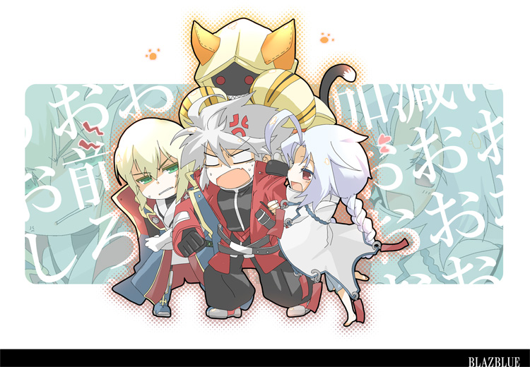biriizuniitokyanpu, co taro, kisaragi jin, nu-13, ragna the bloodedge, taokaka, arc system works, blazblue, blazblue: calamity trigger, silver hair, bad id, bad pixiv id, 2boys, 2girls, ahoge, animal ears, animal hood, black pants, blonde hair, braid, cat ears, cat hood, cat tail, chibi, green eyes, grin, hood, hoodie, multiple boys, multiple girls, pants, pimp, red eyes, short hair, smile, tail