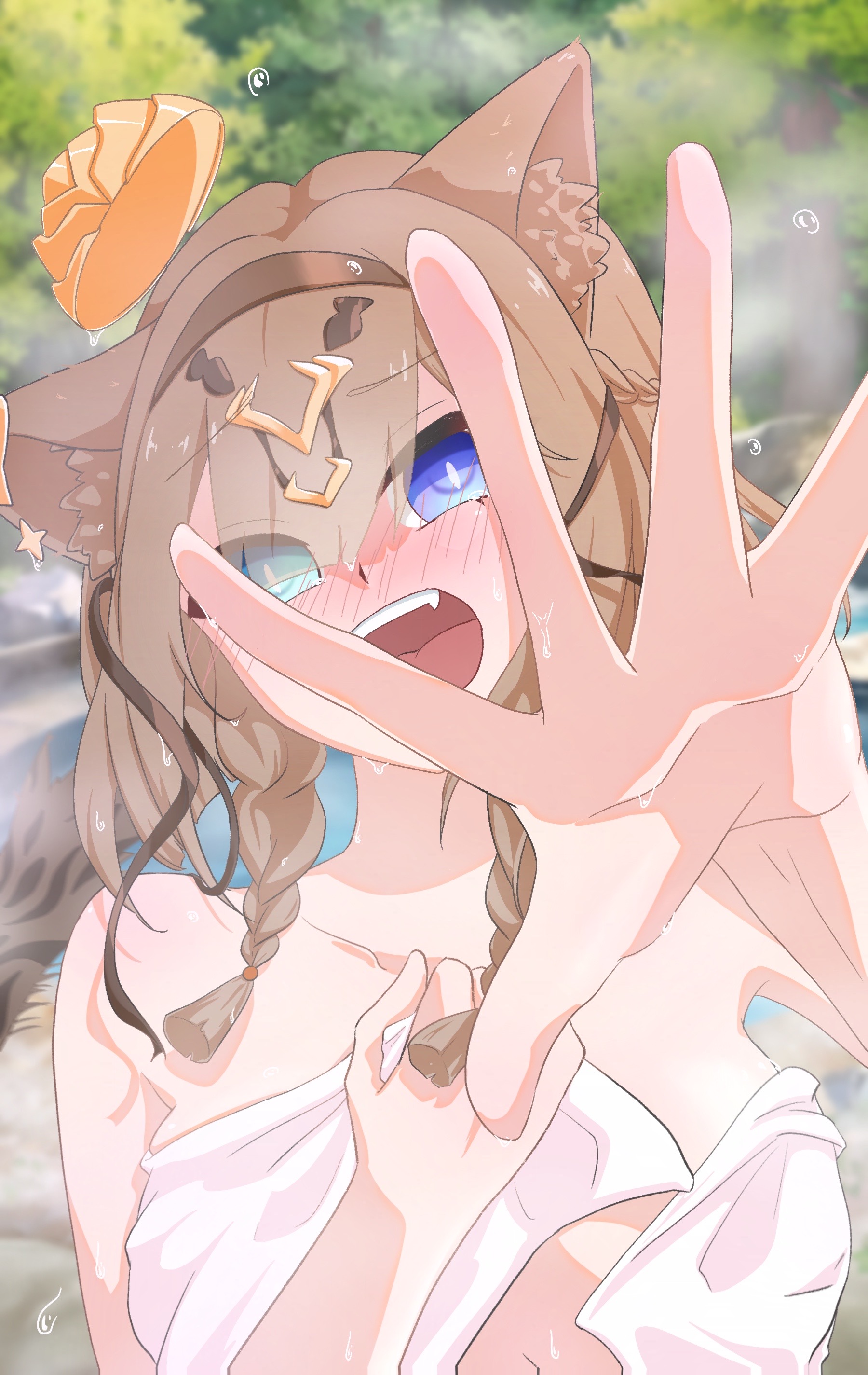 pardofelis, honkai (series), honkai impact 3rd, absurdres, chinese commentary, commentary request, highres, 1girl, animal ear fluff, animal ears, blue eyes, blush, breasts, brown hair, cat ears, cat girl, cat tail, green eyes, heterochromia, large breasts, looking at viewer, naked towel, onsen, open mouth, rinapaint write, short hair with long locks, solo, tail, towel