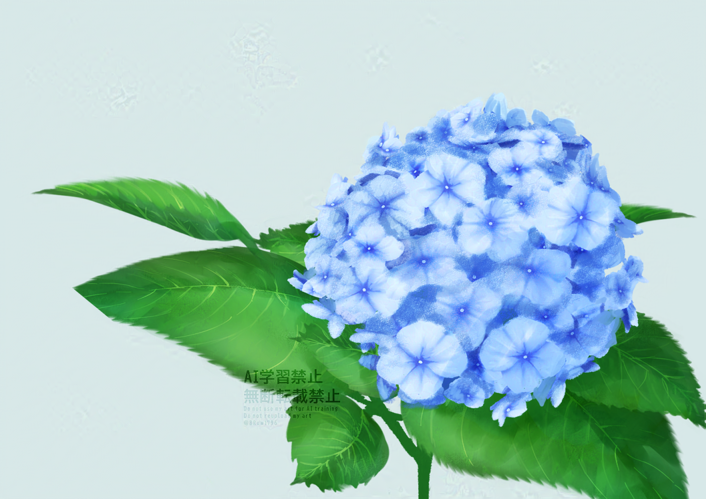 yoshida ame, original, artist name, blue flower, flower, flower focus, grey background, hydrangea, leaf, no humans, plant, simple background, still life, watermark