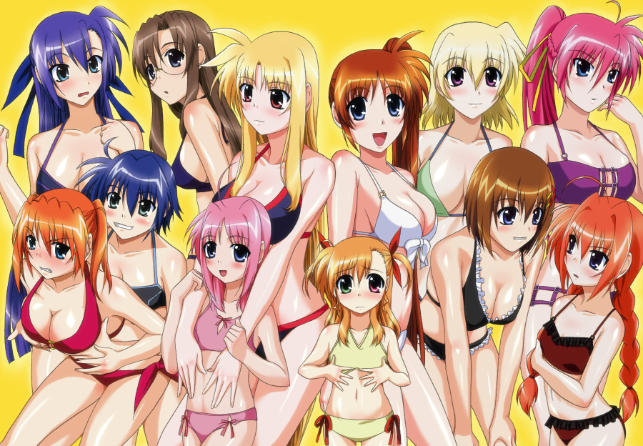 yuuki1103, caro ru lushe, fate testarossa, ginga nakajima, shamal, shario finieno, signum, subaru nakajima, takamachi nanoha, teana lanster, vita (nanoha), vivio, yagami hayate, lyrical nanoha, mahou shoujo lyrical nanoha, mahou shoujo lyrical nanoha strikers, 00s, 6+girls, ahoge, bikini, blonde hair, blue eyes, blue hair, blush, breasts, brown hair, cleavage, everyone, flat chest, glasses, grabbing another's breast, green eyes, groping, hair ribbon, heterochromia, large breasts, long hair, multiple girls, navel, orange hair, pink hair, ponytail, purple eyes, purple hair, red eyes, red hair, ribbon, short hair, short twintails, siblings, sisters, swimsuit, twintails